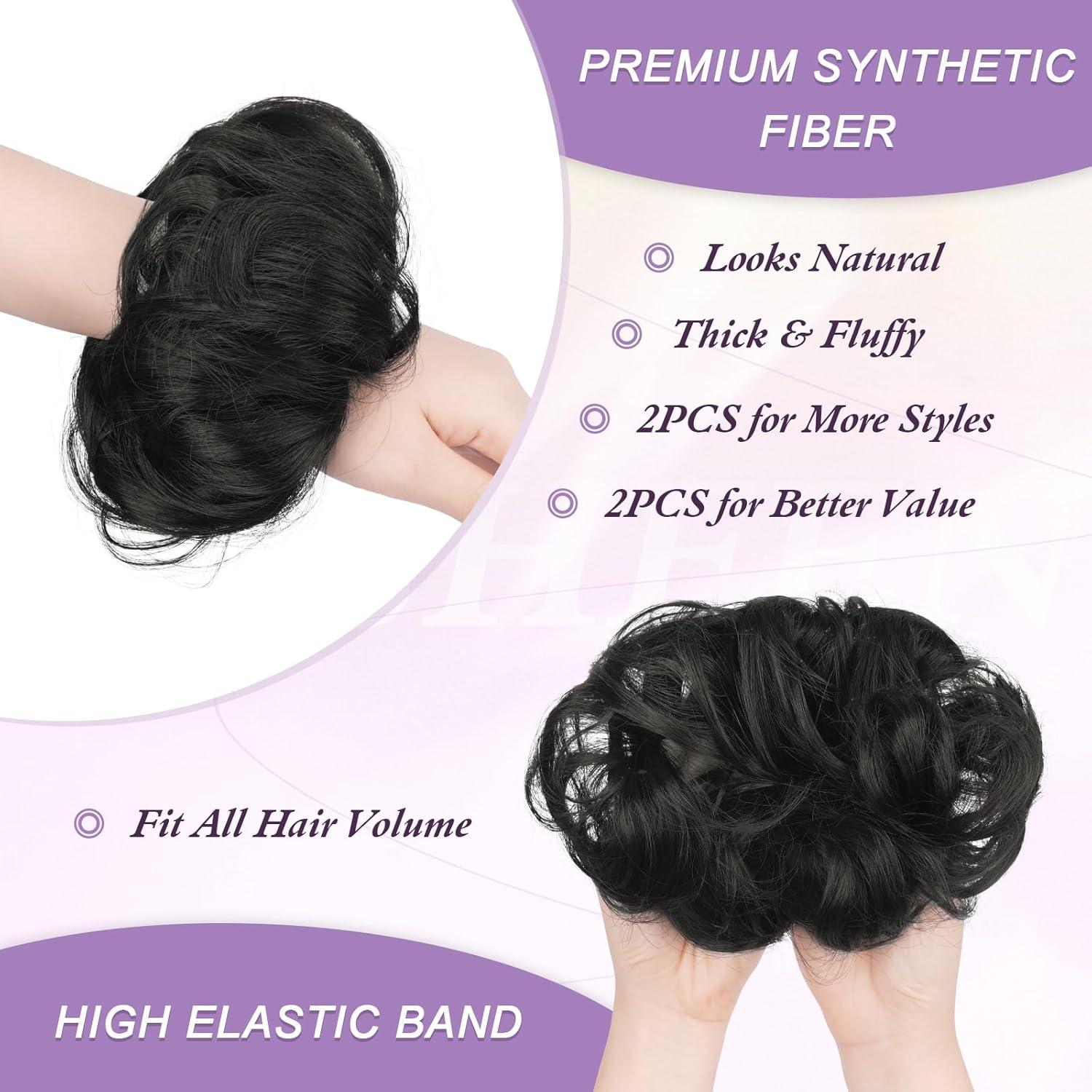 imageFESHFEN 2PCs Small Messy Bun Hair Piece for Thin Hair Women Girl Mini Synthetic Elastic Wavy Spacebun Scrunchies Updo Hairpieces Dirty BlondeBlack