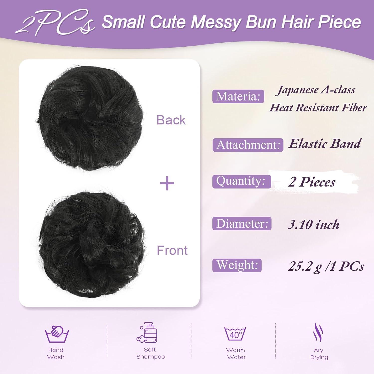 imageFESHFEN 2PCs Small Messy Bun Hair Piece for Thin Hair Women Girl Mini Synthetic Elastic Wavy Spacebun Scrunchies Updo Hairpieces Dirty BlondeBlack