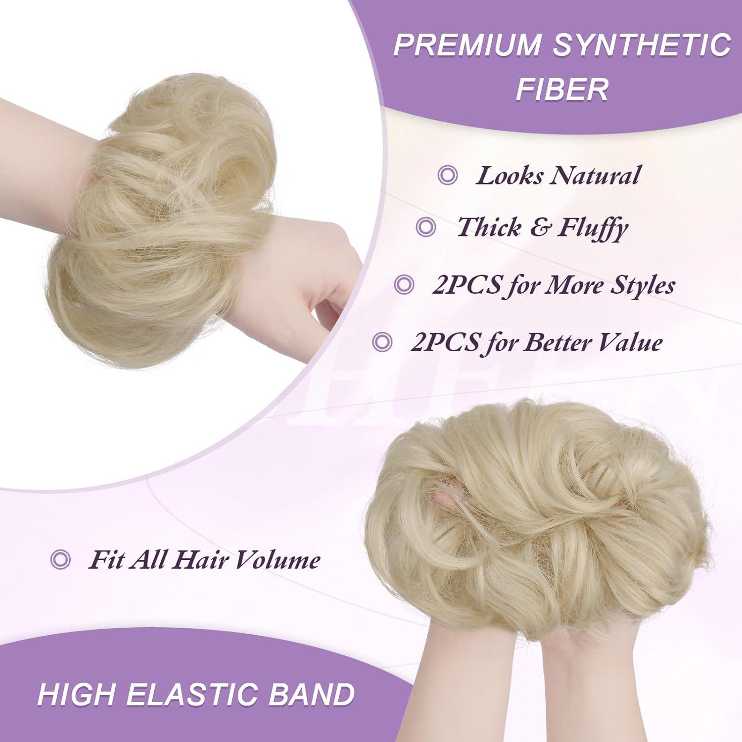imageFESHFEN 2PCs Small Messy Bun Hair Piece for Thin Hair Women Girl Mini Synthetic Elastic Wavy Spacebun Scrunchies Updo Hairpieces Dirty BlondePlatinum Blonde