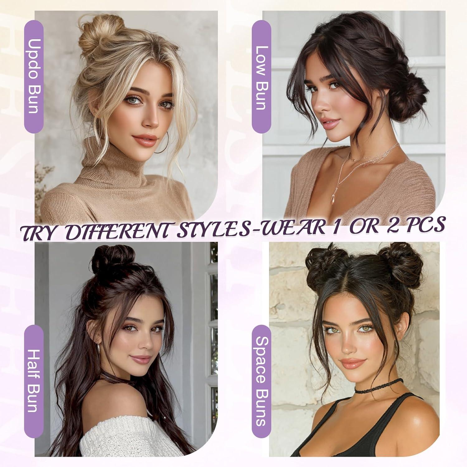 imageFESHFEN 2PCs Small Messy Bun Hair Piece for Thin Hair Women Girl Mini Synthetic Elastic Wavy Spacebun Scrunchies Updo Hairpieces Dirty BlondePlatinum Blonde