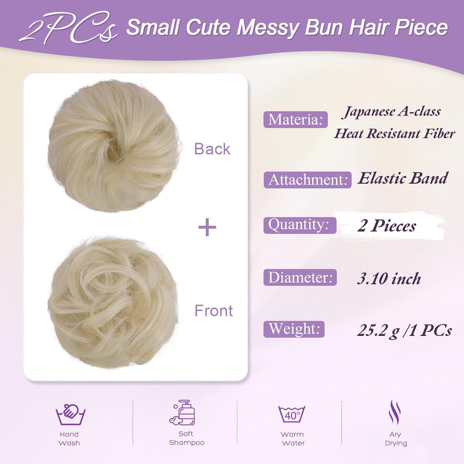 imageFESHFEN 2PCs Small Messy Bun Hair Piece for Thin Hair Women Girl Mini Synthetic Elastic Wavy Spacebun Scrunchies Updo Hairpieces Dirty BlondePlatinum Blonde