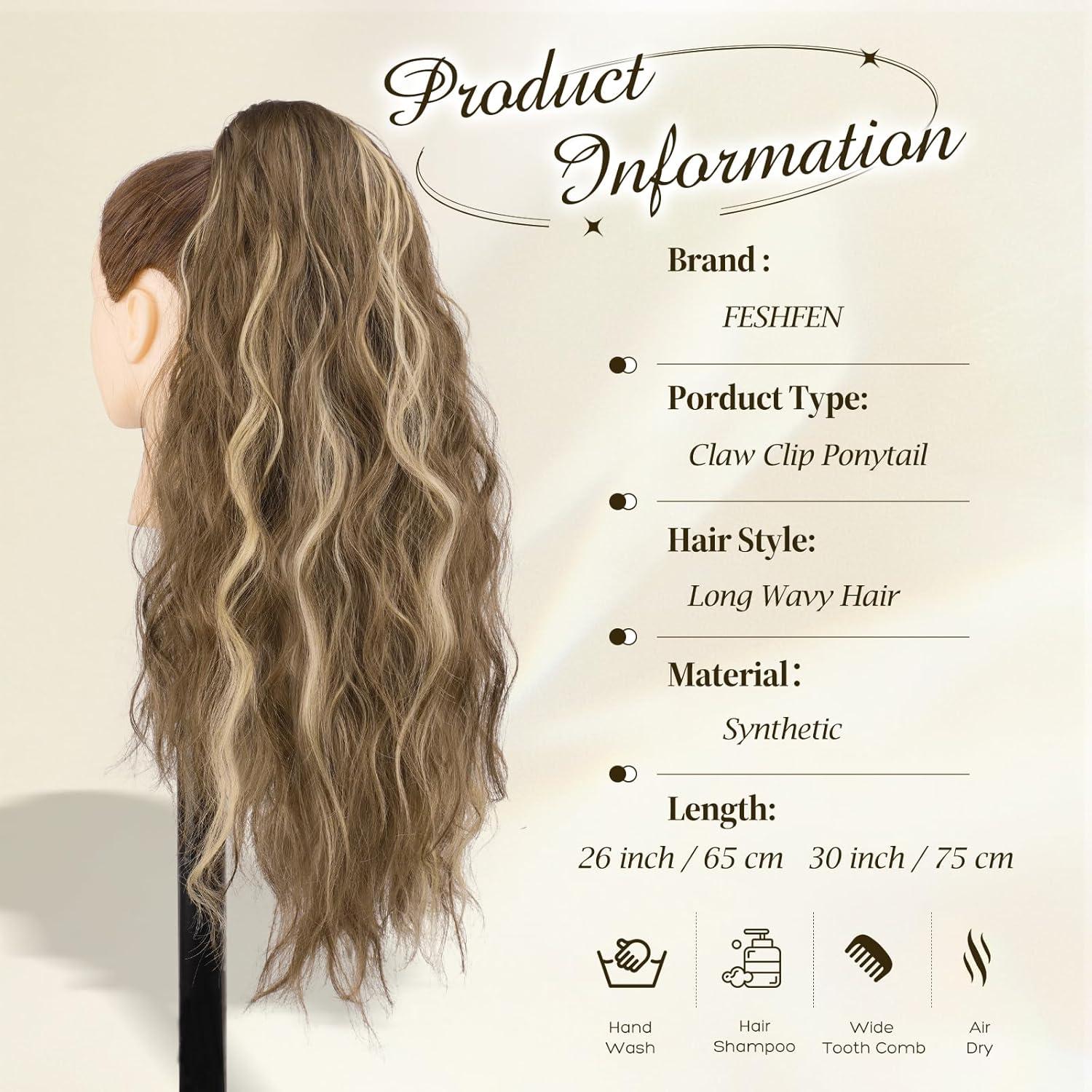 imageFESHFEN Claw Clip Ponytail Extensions Long Pony Tail Hair Piece Wavy Curly Synthetic Hairpieces for Women Dark Brown 26 inch12H29 Light Brown Blonde