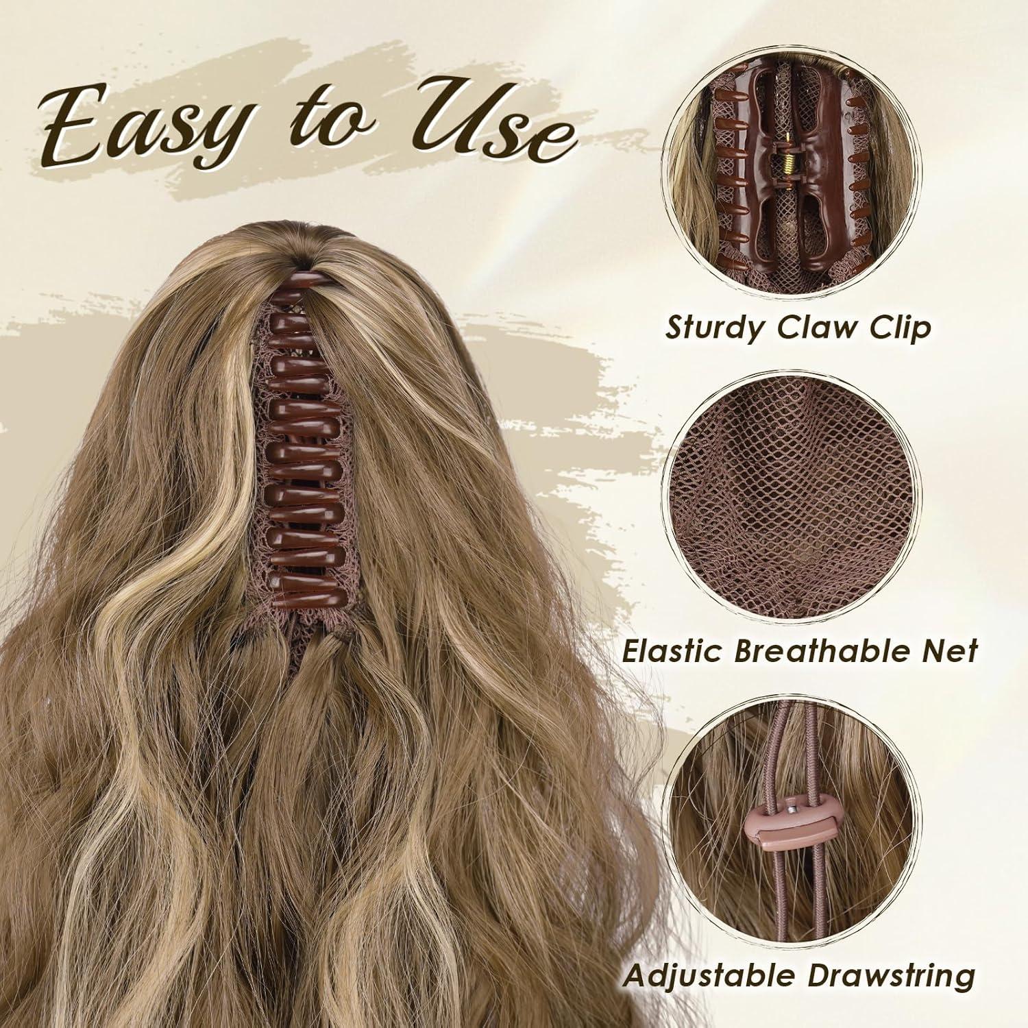 imageFESHFEN Claw Clip Ponytail Extensions Long Pony Tail Hair Piece Wavy Curly Synthetic Hairpieces for Women Dark Brown 26 inch12H29 Light Brown Blonde