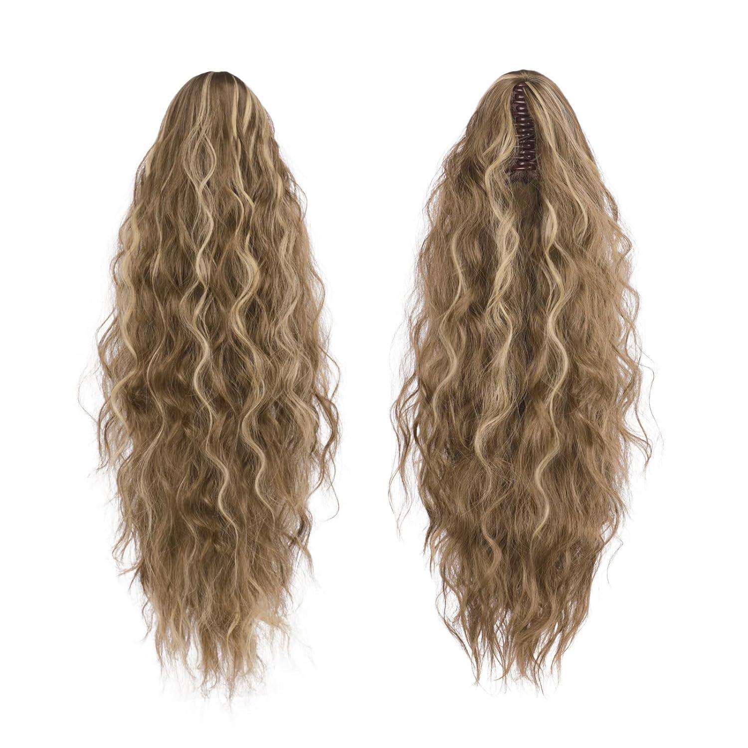 imageFESHFEN Claw Clip Ponytail Extensions Long Pony Tail Hair Piece Wavy Curly Synthetic Hairpieces for Women Dark Brown 26 inch12H29 Light Brown Blonde