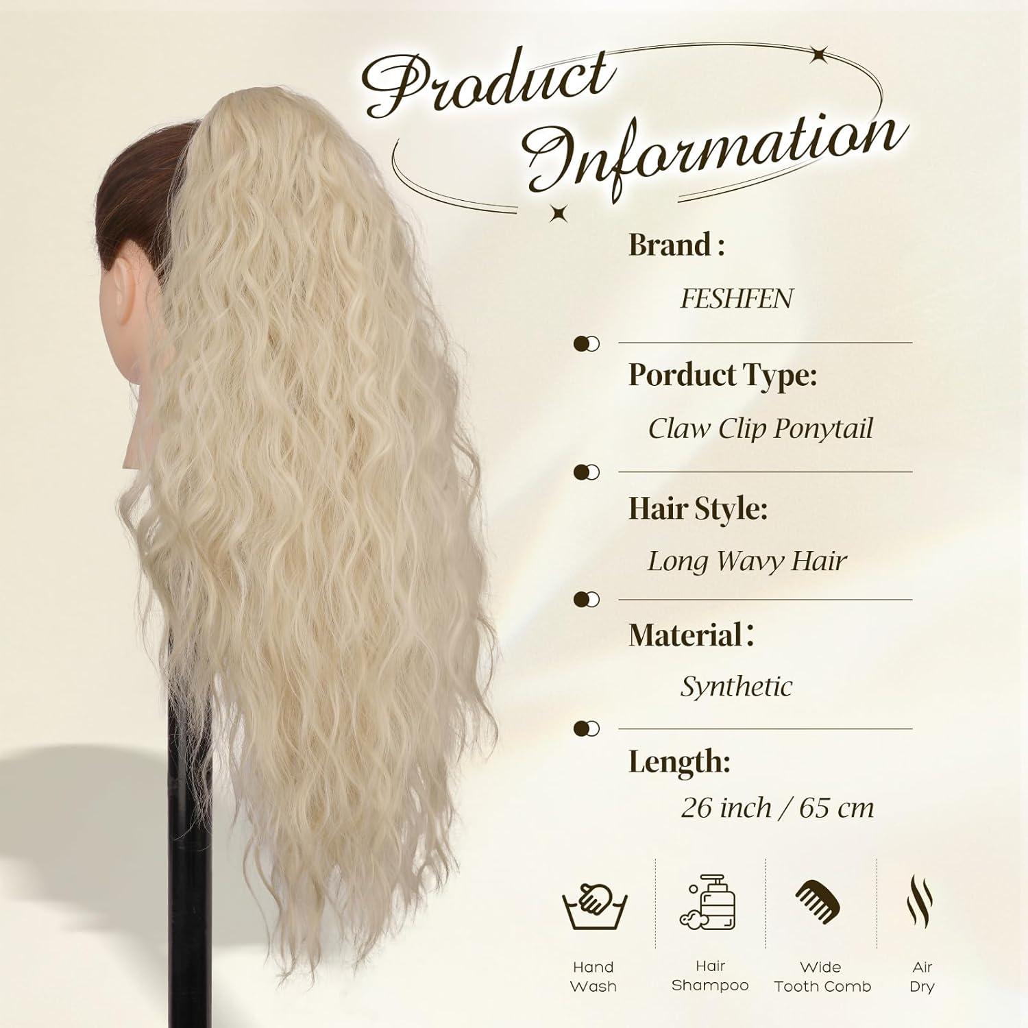 imageFESHFEN Claw Clip Ponytail Extensions Long Pony Tail Hair Piece Wavy Curly Synthetic Hairpieces for Women Dark Brown 26 inch2460 Platinum Blonde
