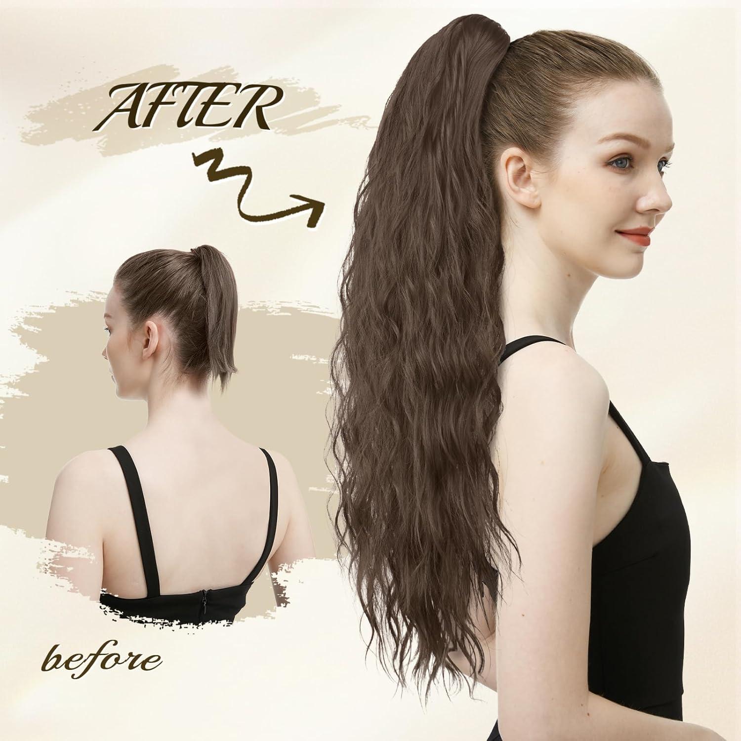 imageFESHFEN Claw Clip Ponytail Extensions Long Pony Tail Hair Piece Wavy Curly Synthetic Hairpieces for Women Dark Brown 26 inch2460 Platinum Blonde
