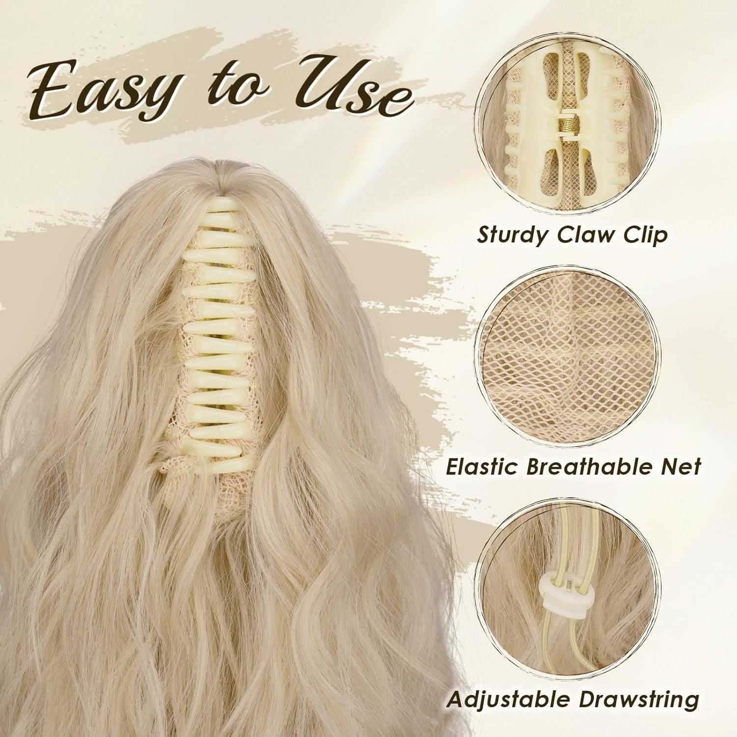 imageFESHFEN Claw Clip Ponytail Extensions Long Pony Tail Hair Piece Wavy Curly Synthetic Hairpieces for Women Dark Brown 26 inch2460 Platinum Blonde