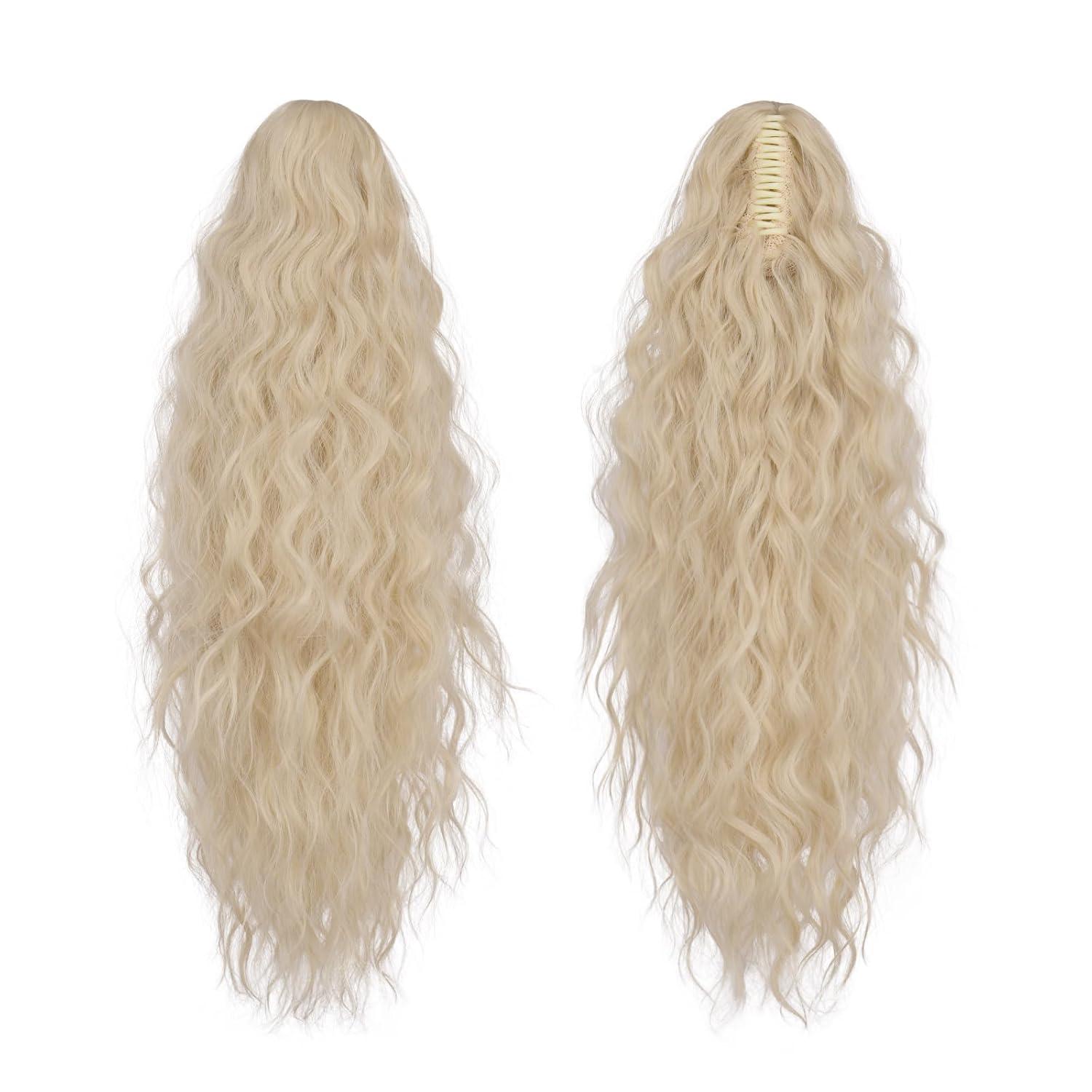 imageFESHFEN Claw Clip Ponytail Extensions Long Pony Tail Hair Piece Wavy Curly Synthetic Hairpieces for Women Dark Brown 26 inch2460 Platinum Blonde
