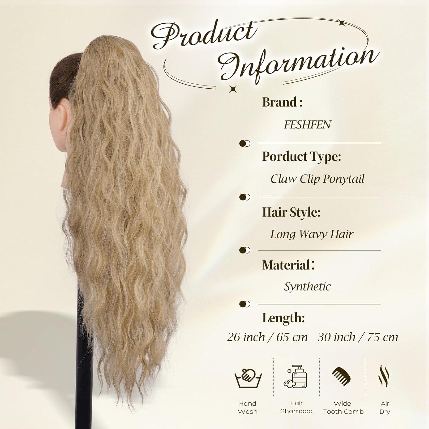 imageFESHFEN Claw Clip Ponytail Extensions Long Pony Tail Hair Piece Wavy Curly Synthetic Hairpieces for Women Dark Brown 26 inch27613A Mixed Blonde