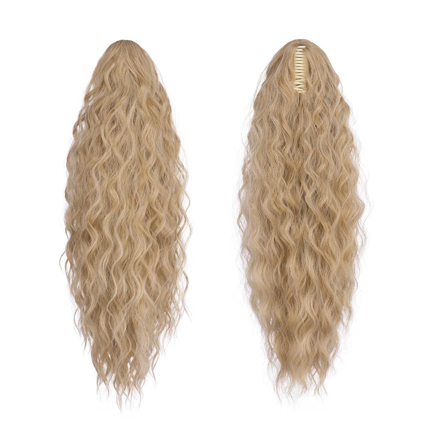 imageFESHFEN Claw Clip Ponytail Extensions Long Pony Tail Hair Piece Wavy Curly Synthetic Hairpieces for Women Dark Brown 26 inch27613A Mixed Blonde