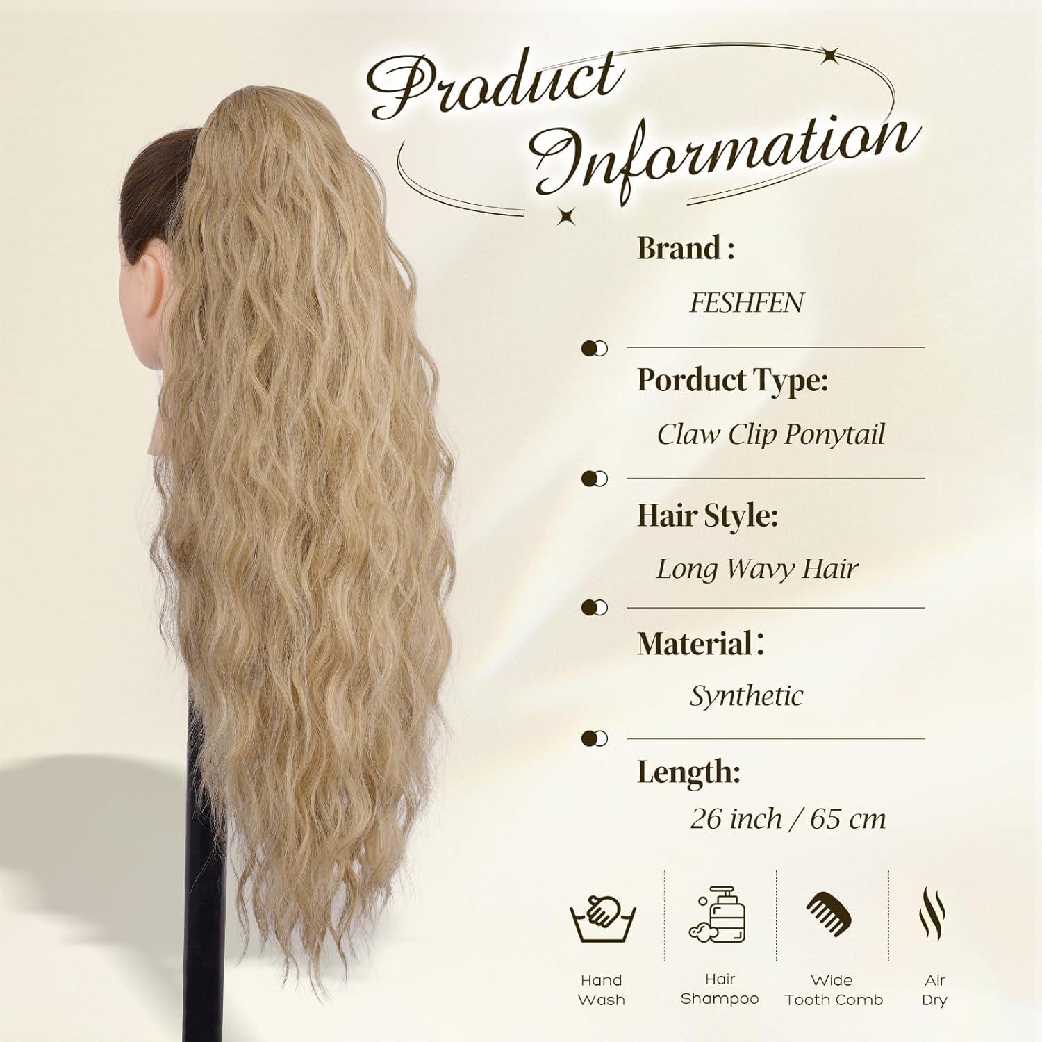 imageFESHFEN Claw Clip Ponytail Extensions Long Pony Tail Hair Piece Wavy Curly Synthetic Hairpieces for Women Dark Brown 26 inch27613A Mixed Blonde