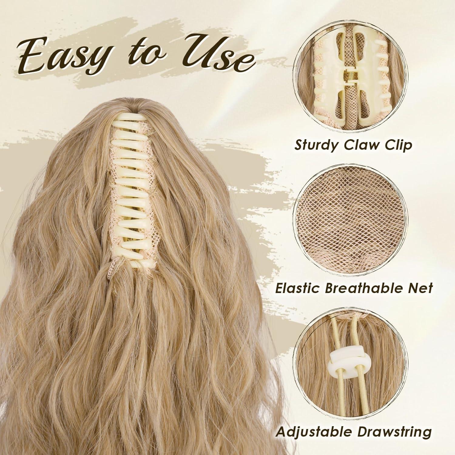 imageFESHFEN Claw Clip Ponytail Extensions Long Pony Tail Hair Piece Wavy Curly Synthetic Hairpieces for Women Dark Brown 26 inch27613A Mixed Blonde