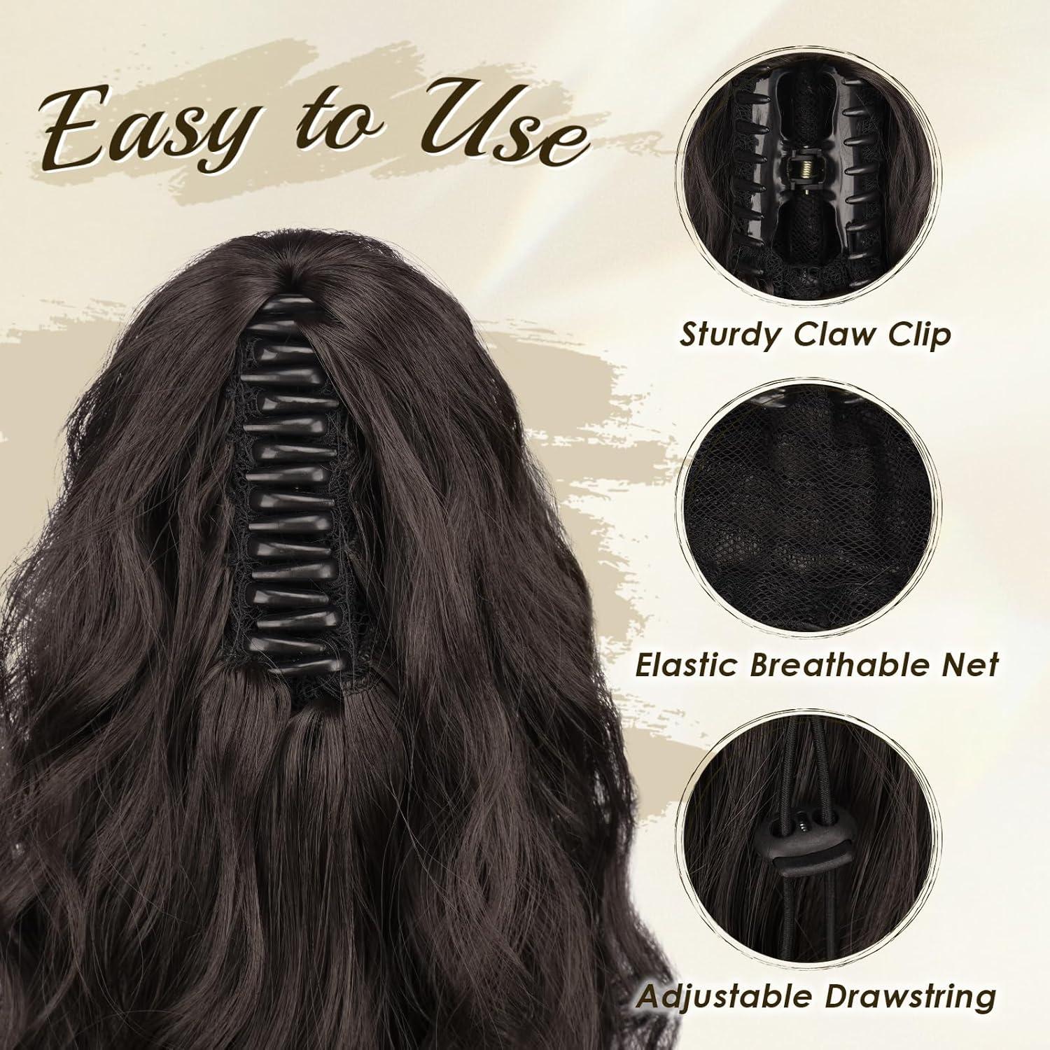 imageFESHFEN Claw Clip Ponytail Extensions Long Pony Tail Hair Piece Wavy Curly Synthetic Hairpieces for Women Dark Brown 26 inch4 Black Brown