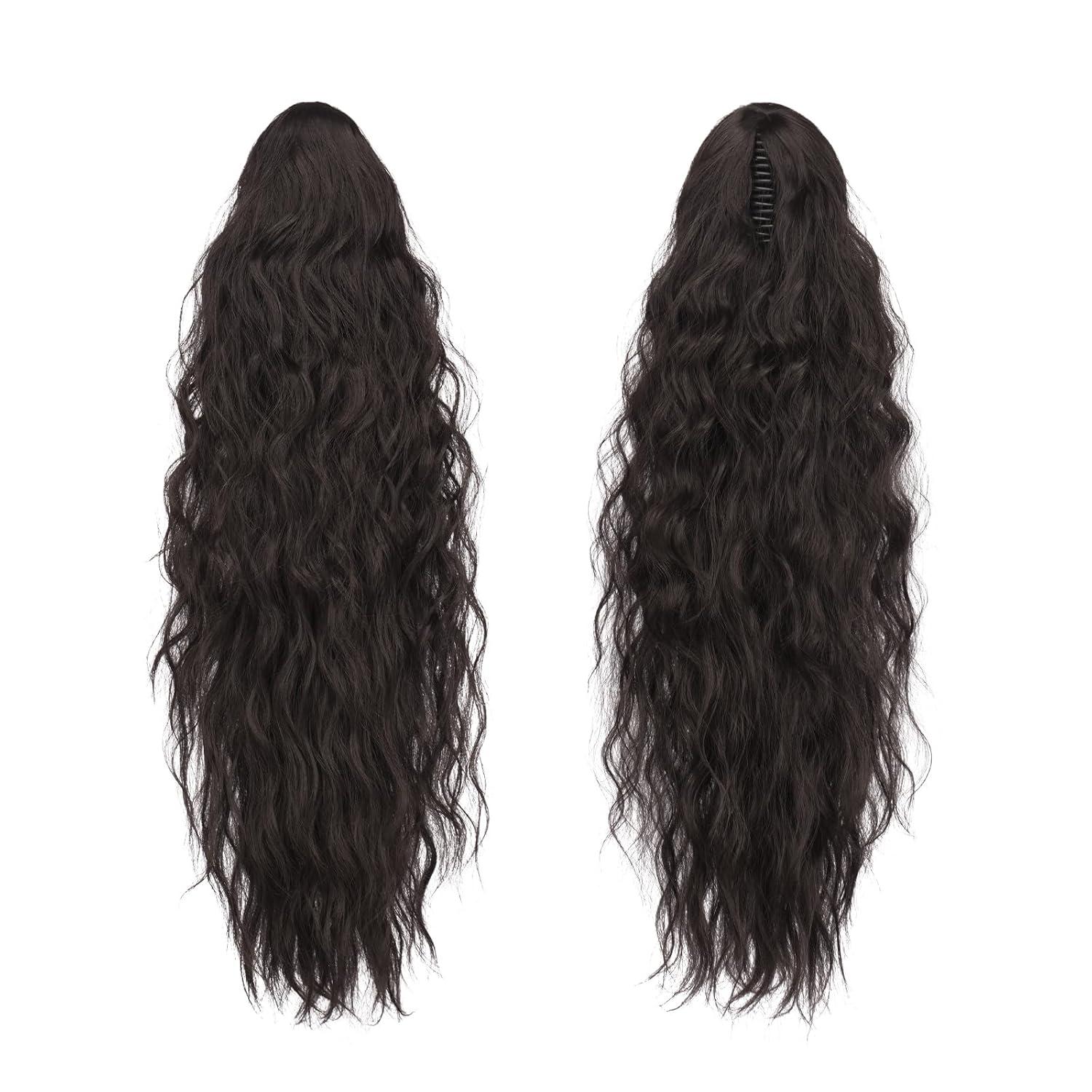 imageFESHFEN Claw Clip Ponytail Extensions Long Pony Tail Hair Piece Wavy Curly Synthetic Hairpieces for Women Dark Brown 26 inch4 Black Brown