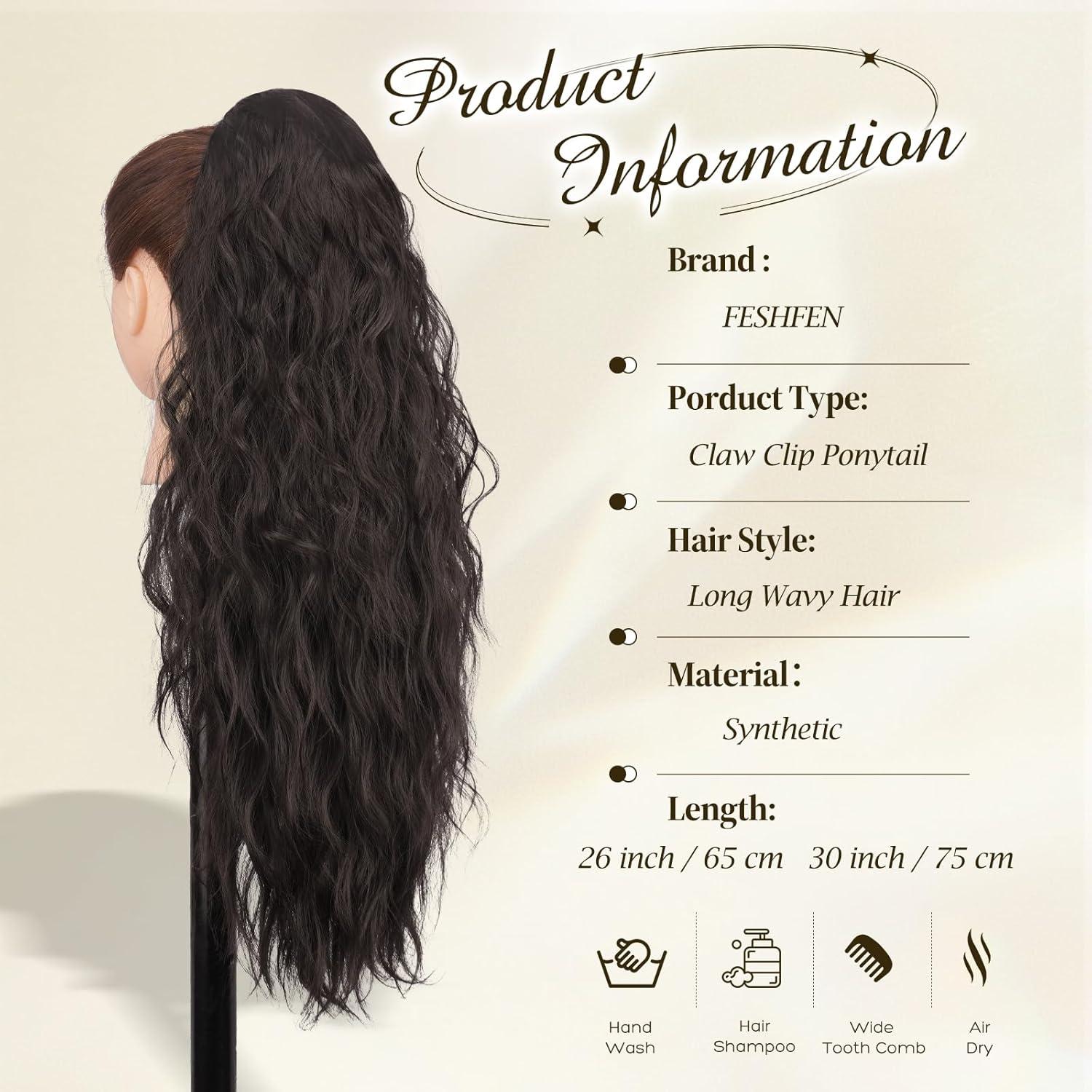 imageFESHFEN Claw Clip Ponytail Extensions Long Pony Tail Hair Piece Wavy Curly Synthetic Hairpieces for Women Dark Brown 26 inch4 Black Brown