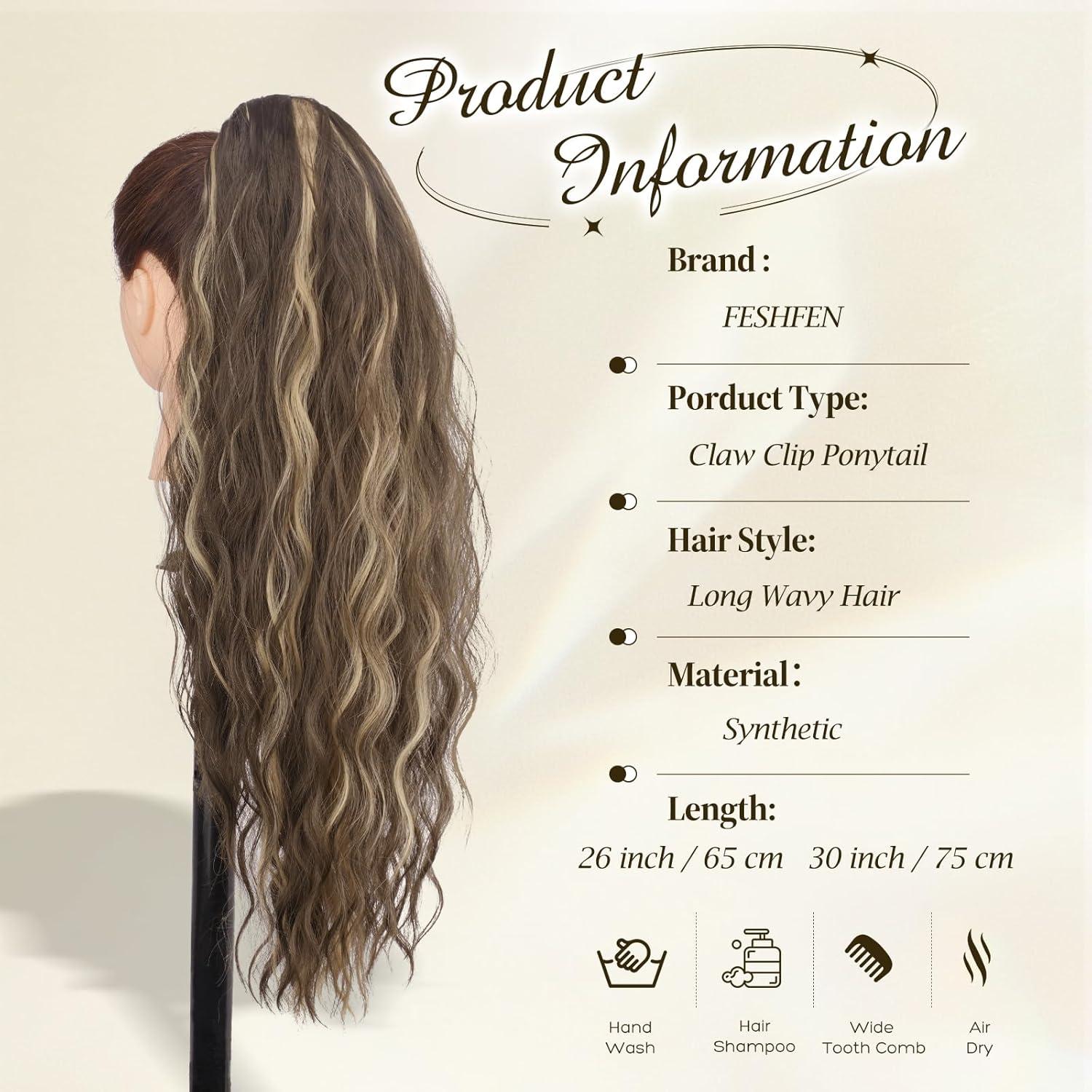 imageFESHFEN Claw Clip Ponytail Extensions Long Pony Tail Hair Piece Wavy Curly Synthetic Hairpieces for Women Dark Brown 26 inch8H15A Chestnut Brown Mixed Ash Blonde