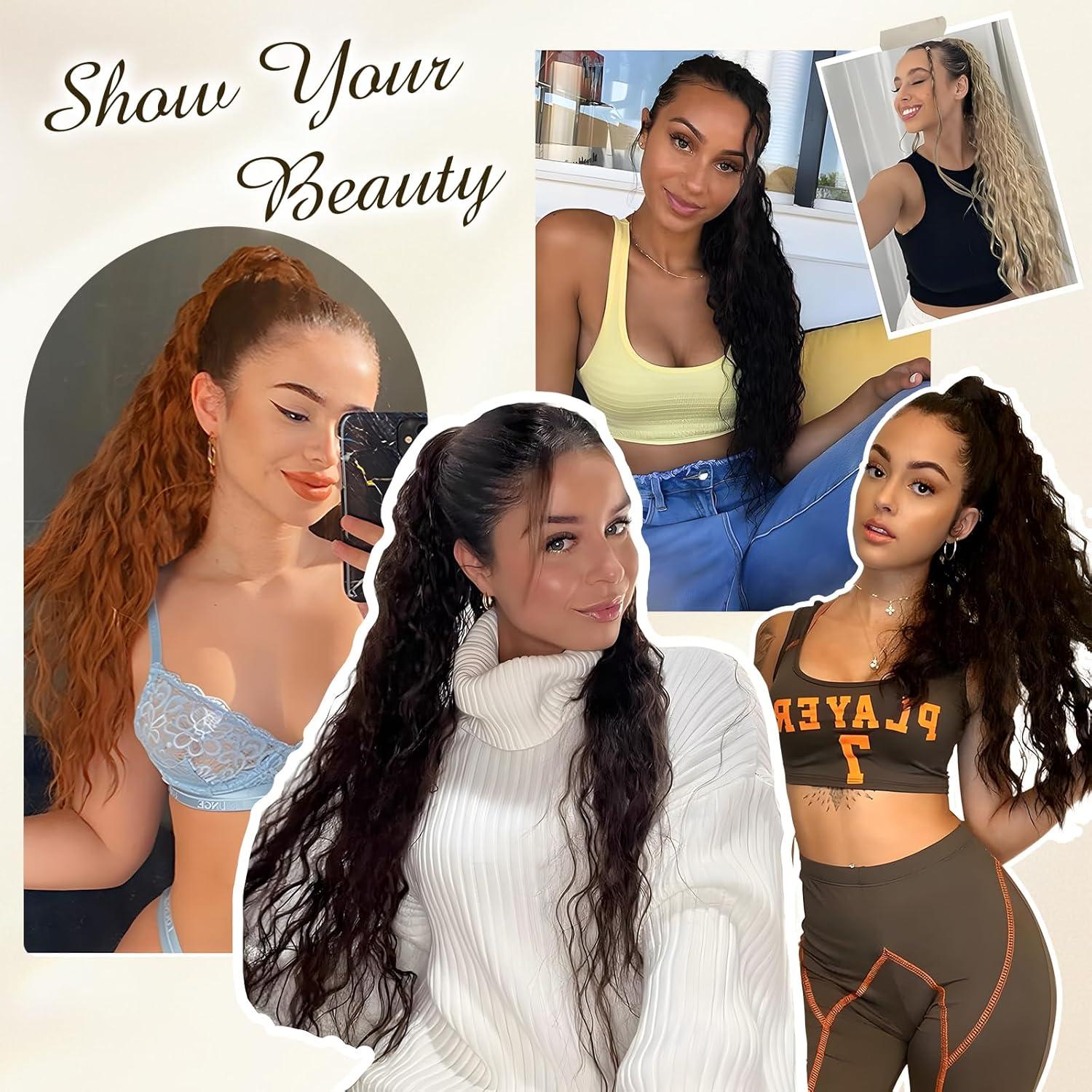 imageFESHFEN Claw Clip Ponytail Extensions Long Pony Tail Hair Piece Wavy Curly Synthetic Hairpieces for Women Dark Brown 26 inch8H15A Chestnut Brown Mixed Ash Blonde