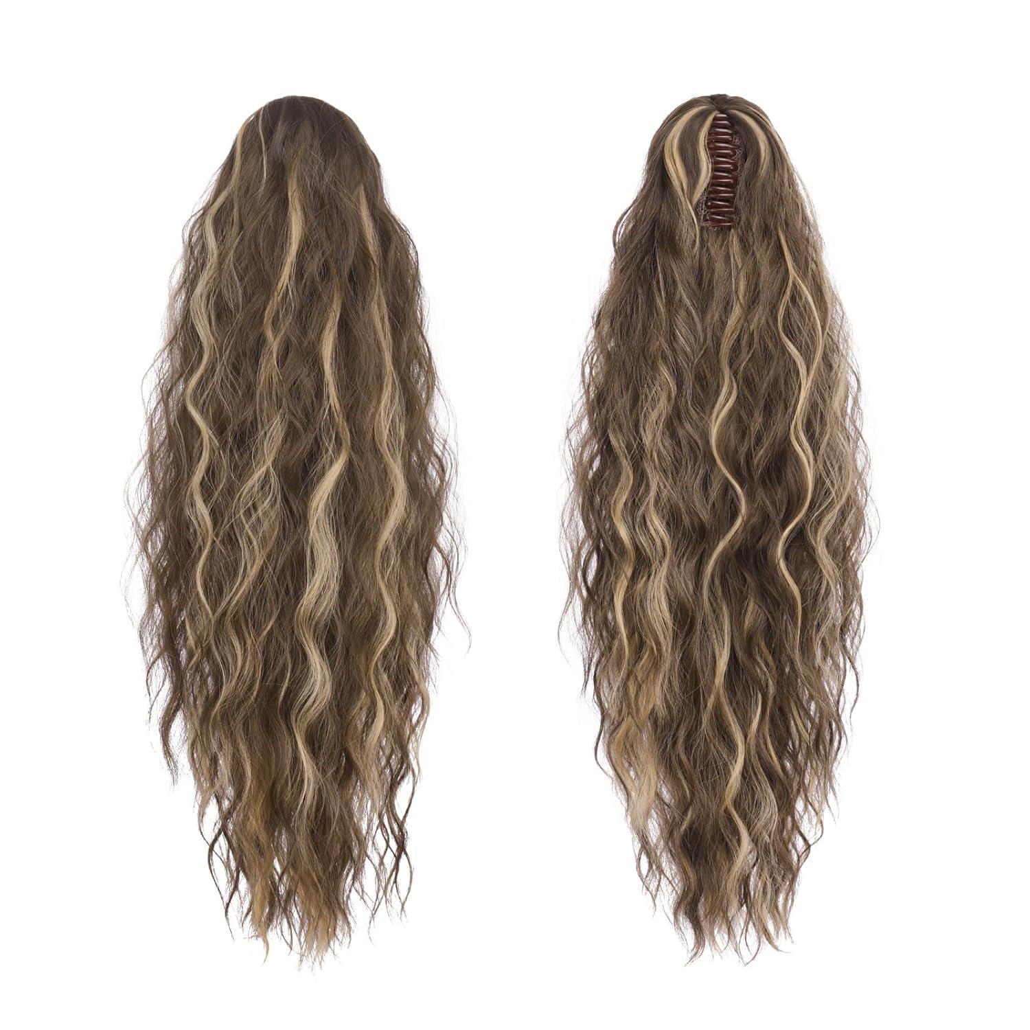 imageFESHFEN Claw Clip Ponytail Extensions Long Pony Tail Hair Piece Wavy Curly Synthetic Hairpieces for Women Dark Brown 26 inch8H15A Chestnut Brown Mixed Ash Blonde