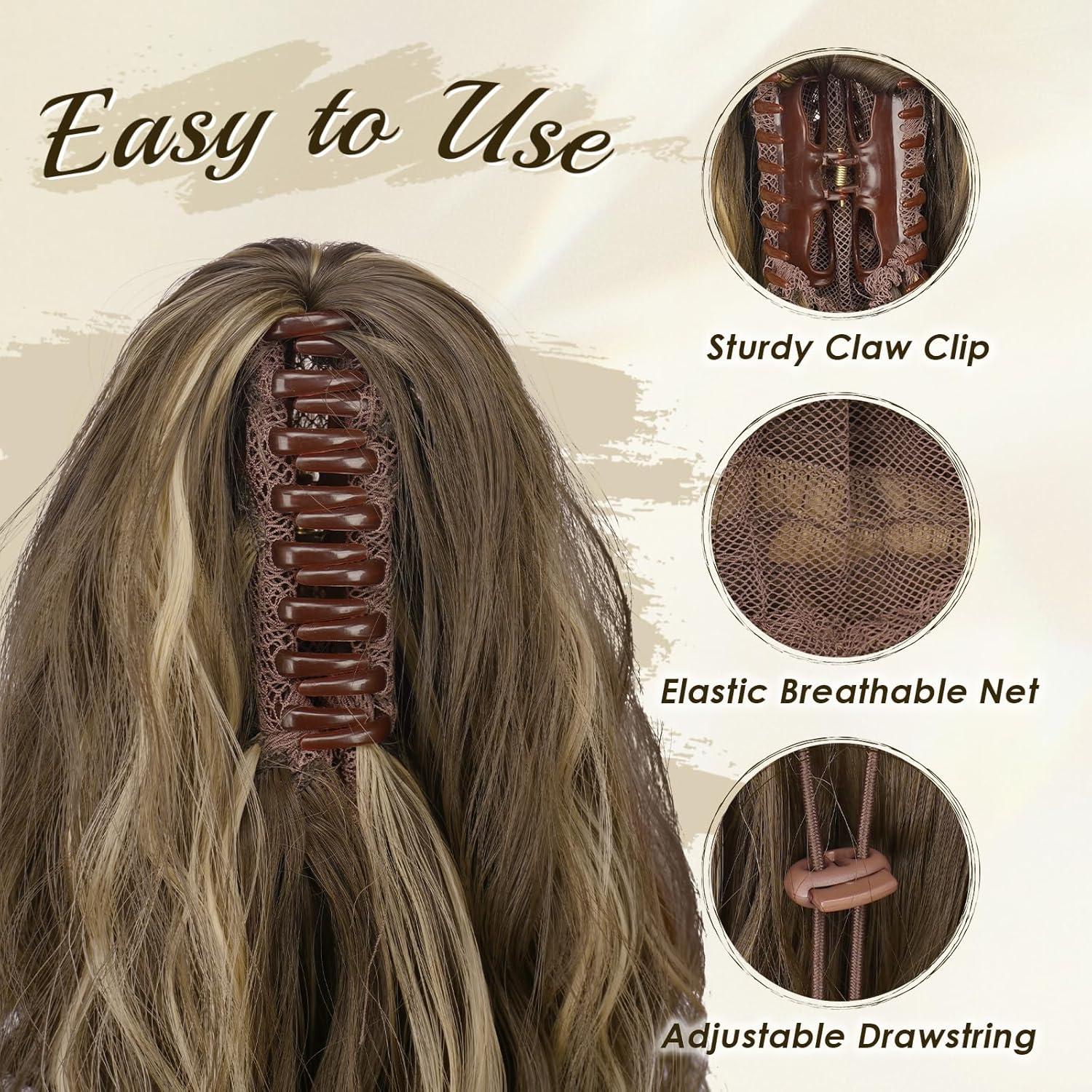 imageFESHFEN Claw Clip Ponytail Extensions Long Pony Tail Hair Piece Wavy Curly Synthetic Hairpieces for Women Dark Brown 26 inch8H15A Chestnut Brown Mixed Ash Blonde