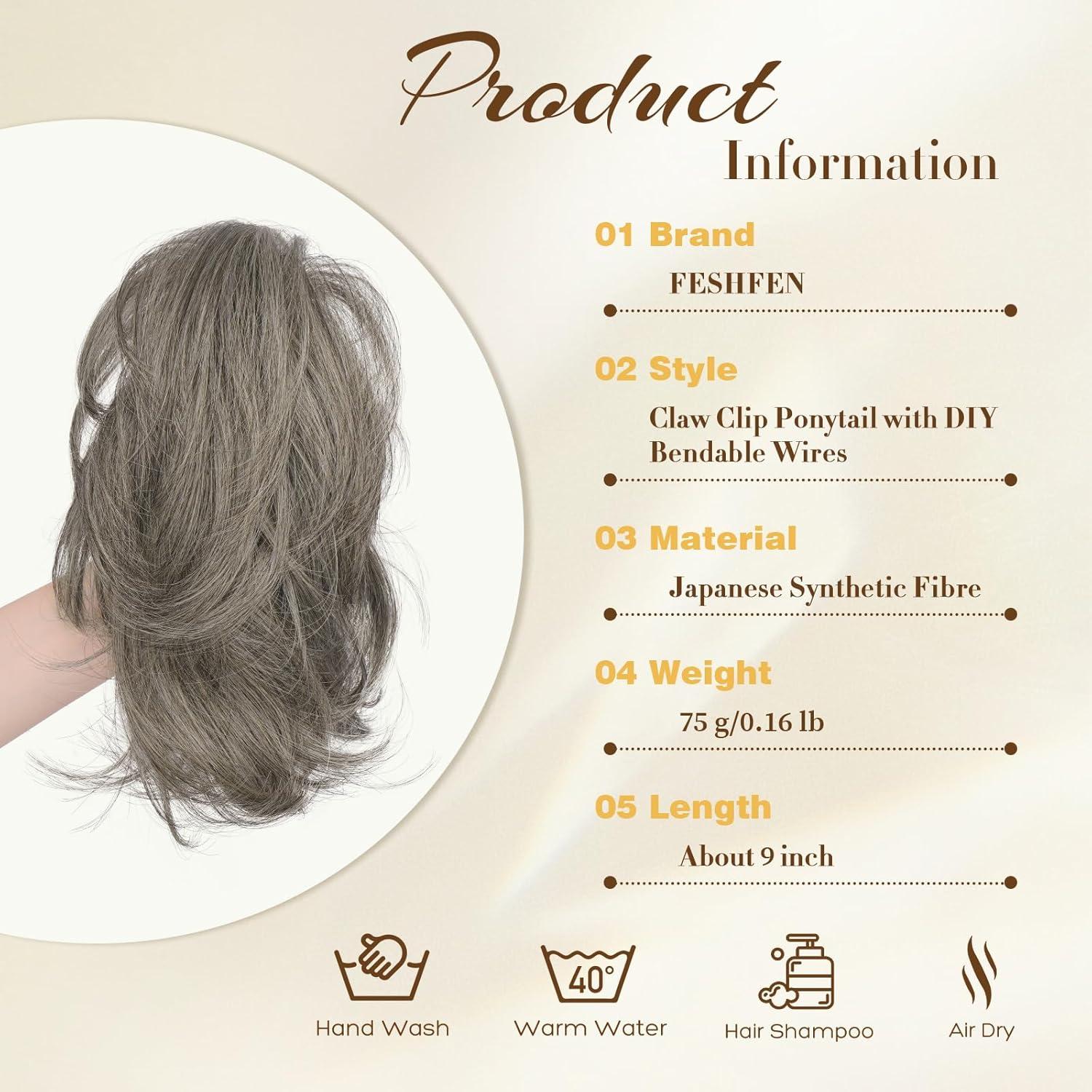 imageFESHFEN Claw Clip Short Ponytail Extensions DIY Bendable Metals Fluffy Messy Bun Hair Piece Straight Synthetic Hairpieces Ponytail Extension for Women Black Gray and White Tips6A88A02D Salt and Pepper