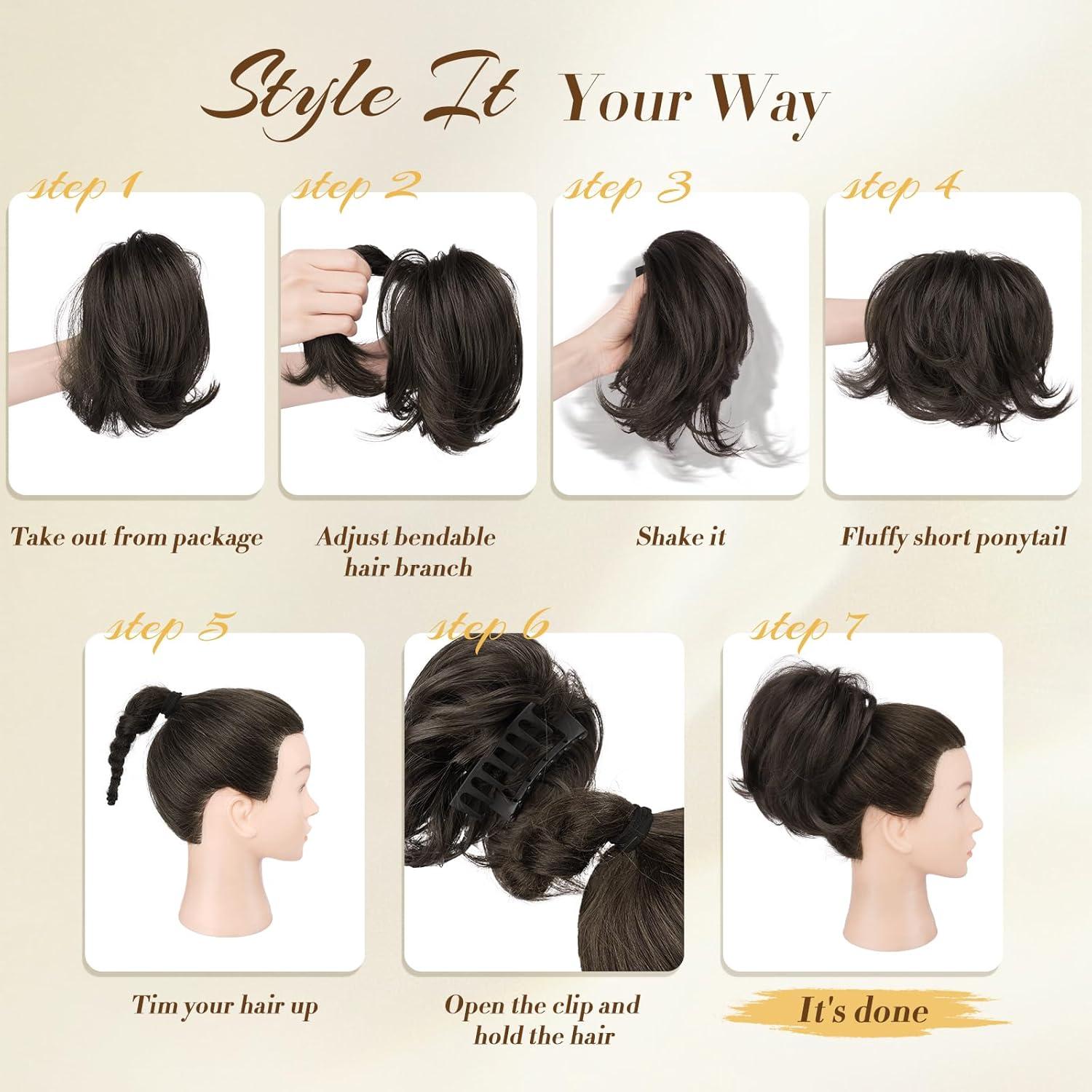 imageFESHFEN Claw Clip Short Ponytail Extensions DIY Bendable Metals Fluffy Messy Bun Hair Piece Straight Synthetic Hairpieces Ponytail Extension for Women Black Gray and White Tips2761330 Platinum Blonde