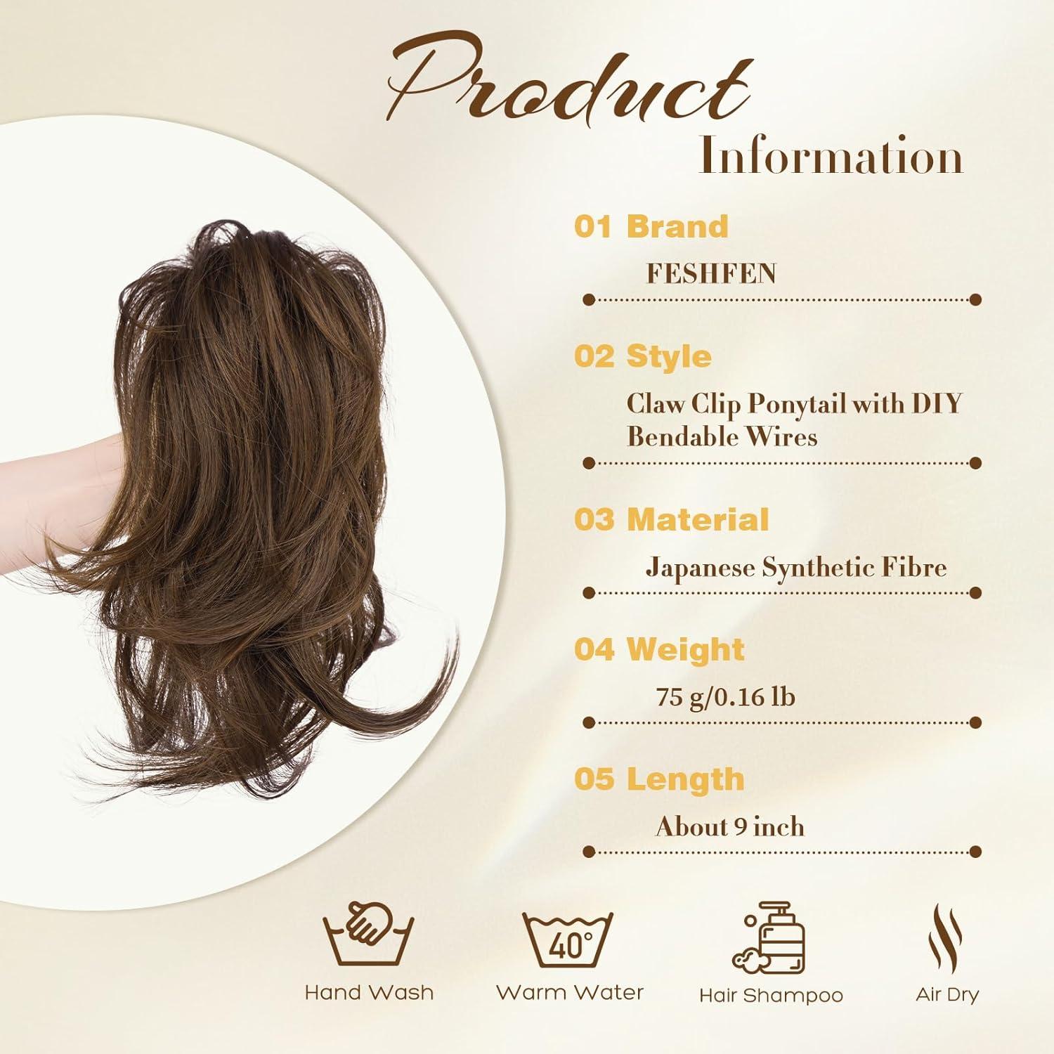 imageFESHFEN Claw Clip Short Ponytail Extensions DIY Bendable Metals Fluffy Messy Bun Hair Piece Straight Synthetic Hairpieces Ponytail Extension for Women Black Gray and White Tips8930 Mix Brown