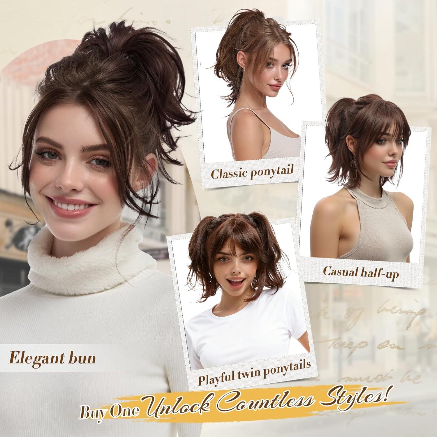 imageFESHFEN Claw Clip Short Ponytail Extensions DIY Bendable Metals Fluffy Messy Bun Hair Piece Straight Synthetic Hairpieces Ponytail Extension for Women Black Gray and White Tips230 Dark Brown Light Auburn Mixed