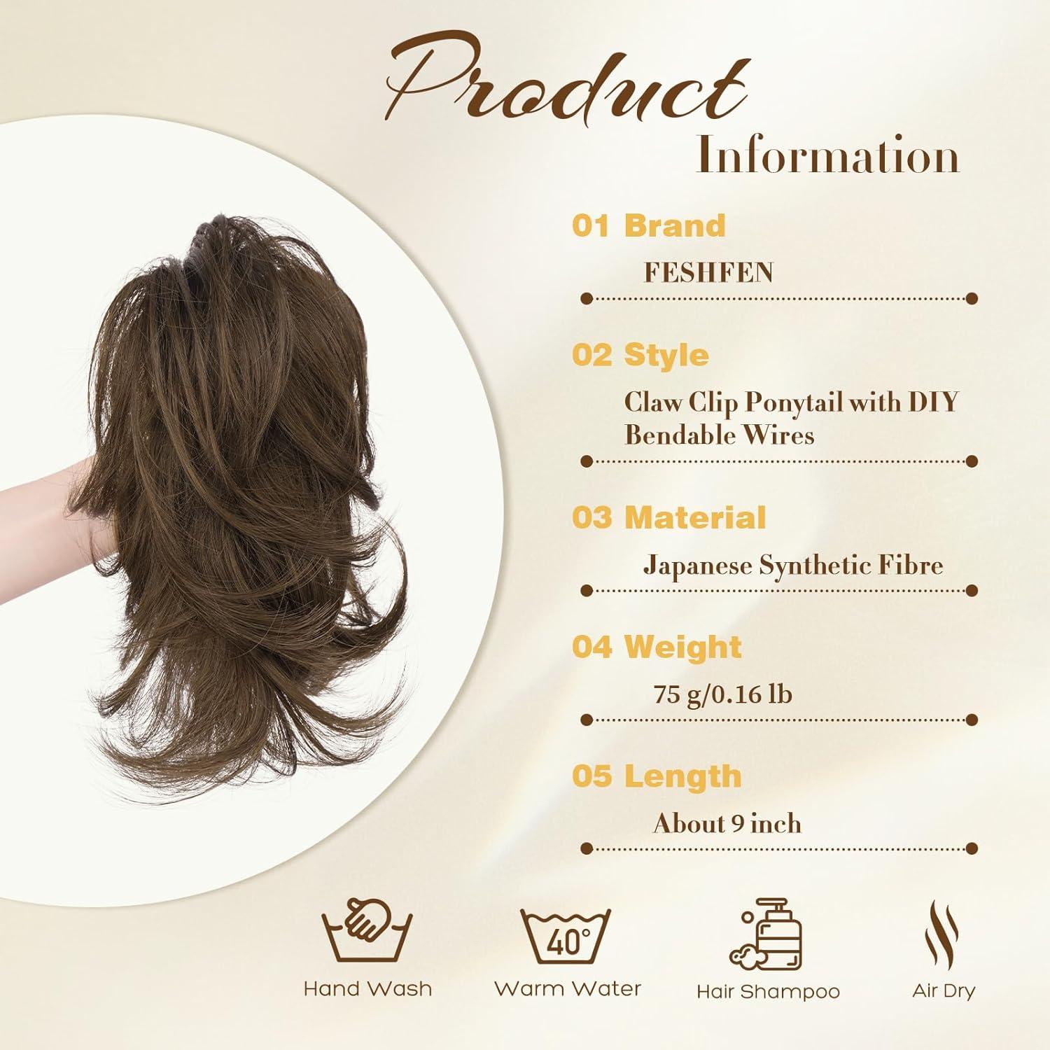 imageFESHFEN Claw Clip Short Ponytail Extensions DIY Bendable Metals Fluffy Messy Bun Hair Piece Straight Synthetic Hairpieces Ponytail Extension for Women Black Gray and White Tips810 Chestnut Brown