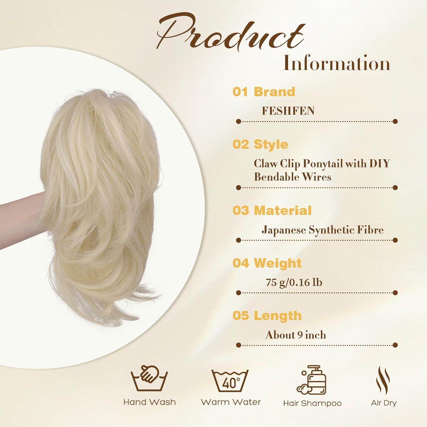 imageFESHFEN Claw Clip Short Ponytail Extensions DIY Bendable Metals Fluffy Messy Bun Hair Piece Straight Synthetic Hairpieces Ponytail Extension for Women Black Gray and White Tips2761330 Platinum Blonde