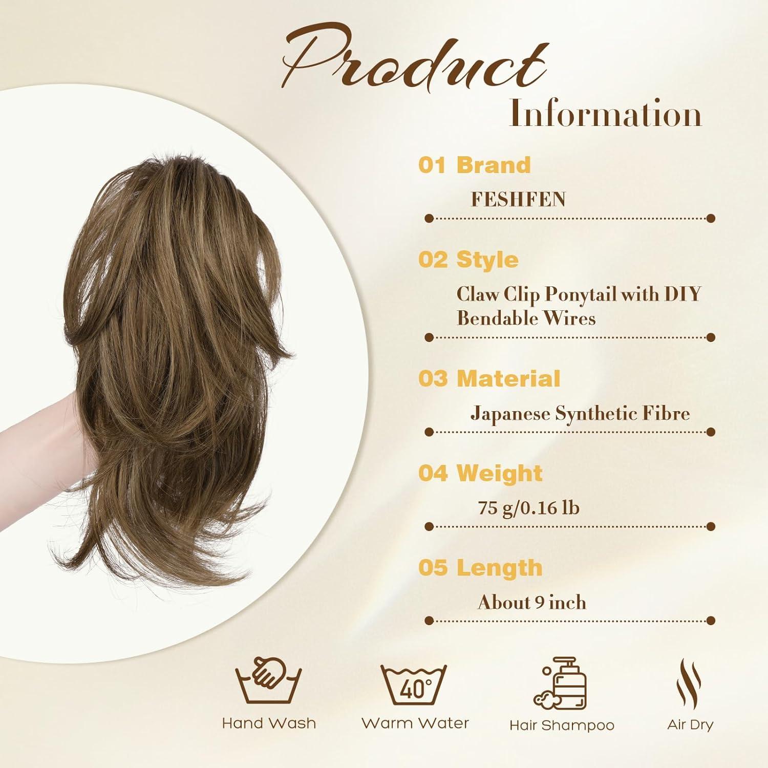 imageFESHFEN Claw Clip Short Ponytail Extensions DIY Bendable Metals Fluffy Messy Bun Hair Piece Straight Synthetic Hairpieces Ponytail Extension for Women Black Gray and White Tips22H10 Brown mix Blonde