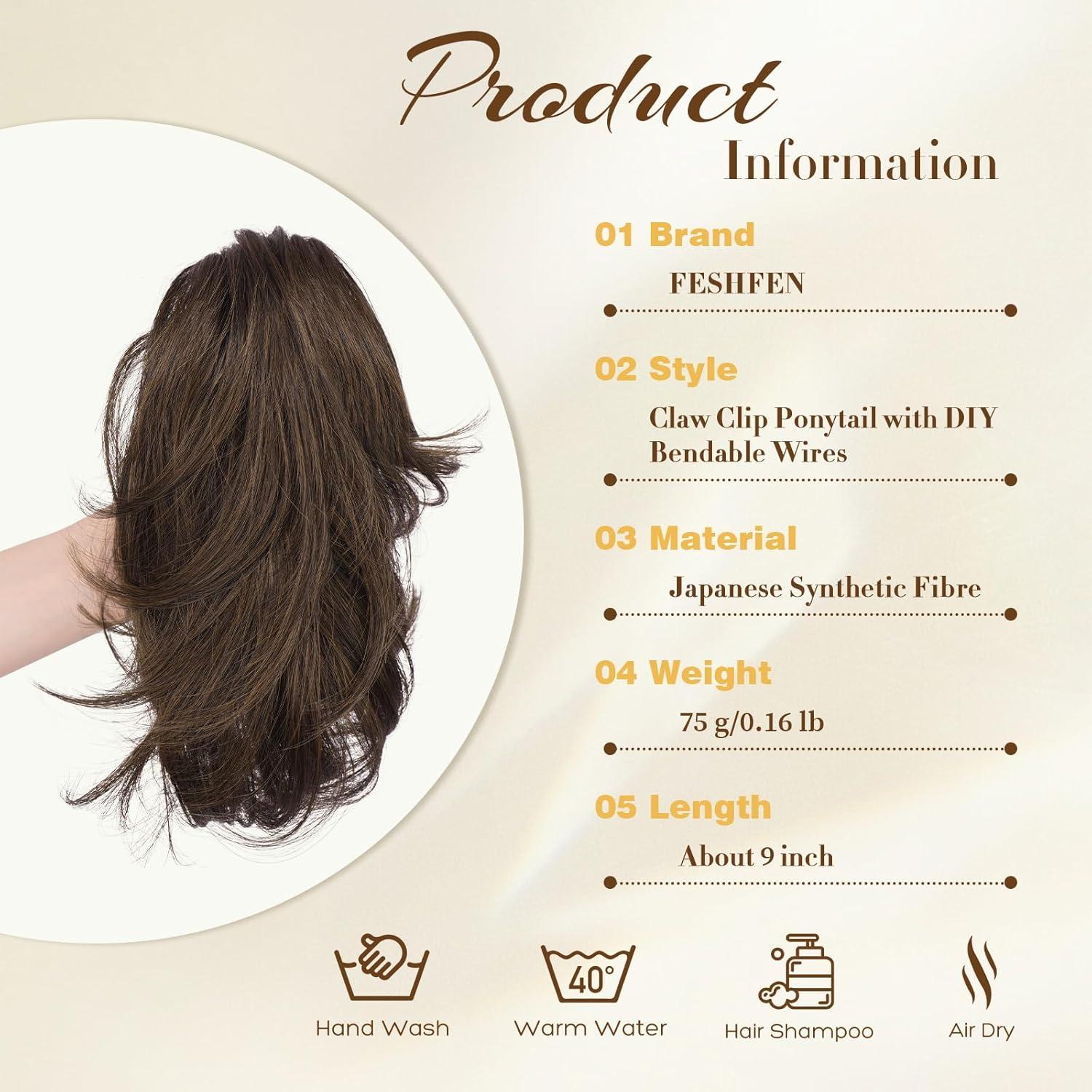 imageFESHFEN Claw Clip Short Ponytail Extensions DIY Bendable Metals Fluffy Messy Bun Hair Piece Straight Synthetic Hairpieces Ponytail Extension for Women Black Gray and White Tips230 Dark Brown Light Auburn Mixed