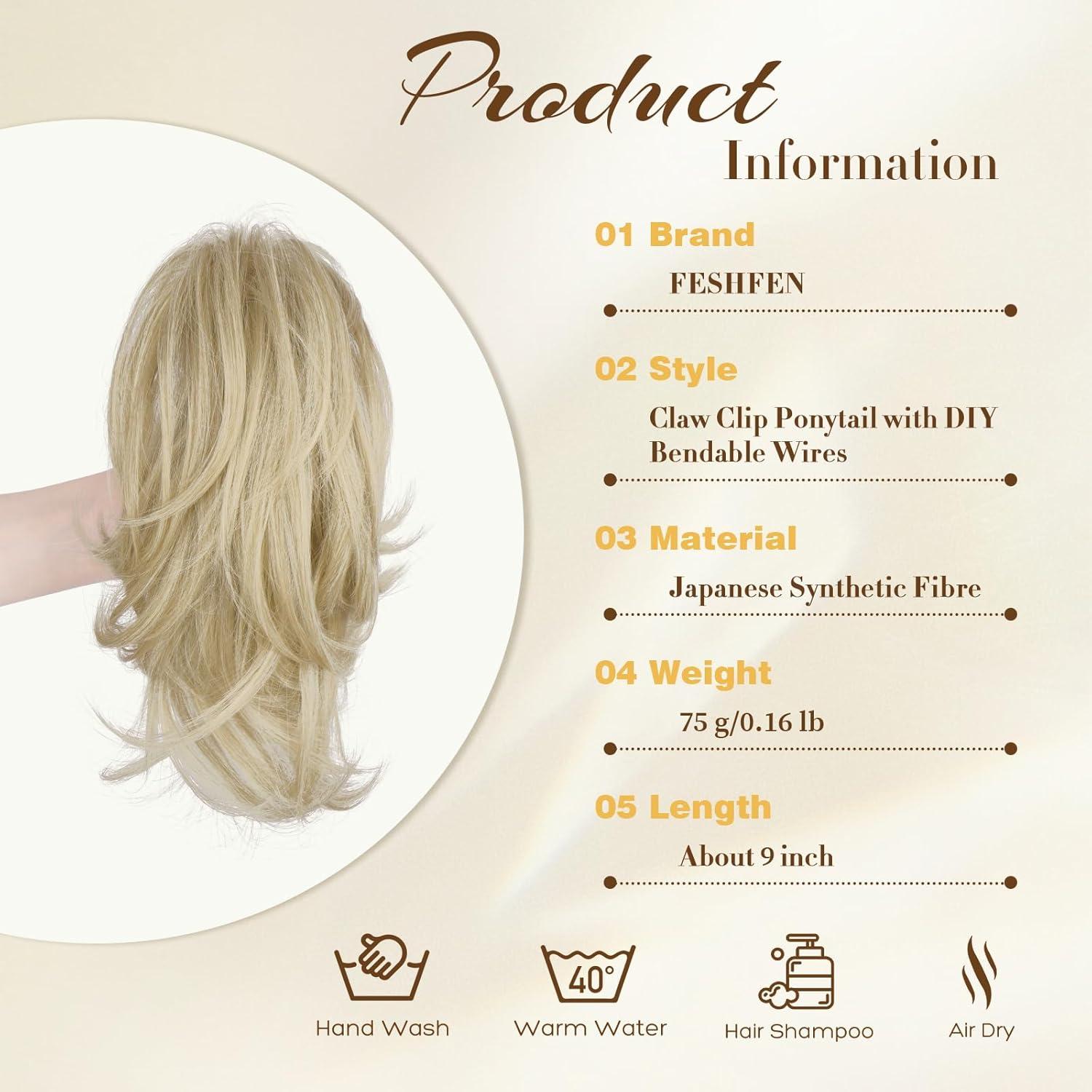 imageFESHFEN Claw Clip Short Ponytail Extensions DIY Bendable Metals Fluffy Messy Bun Hair Piece Straight Synthetic Hairpieces Ponytail Extension for Women Black Gray and White Tips16H613 Dirty Blonde