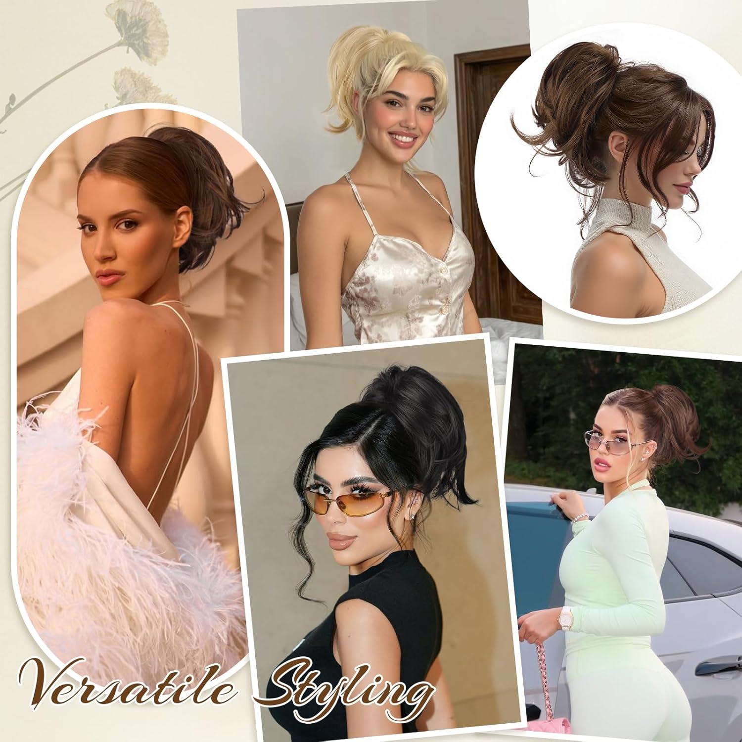 imageFESHFEN Claw Clip Short Ponytail Extensions DIY Bendable Metals Fluffy Messy Bun Hair Piece Straight Synthetic Hairpieces Ponytail Extension for Women Black Gray and White Tips16H613 Dirty Blonde