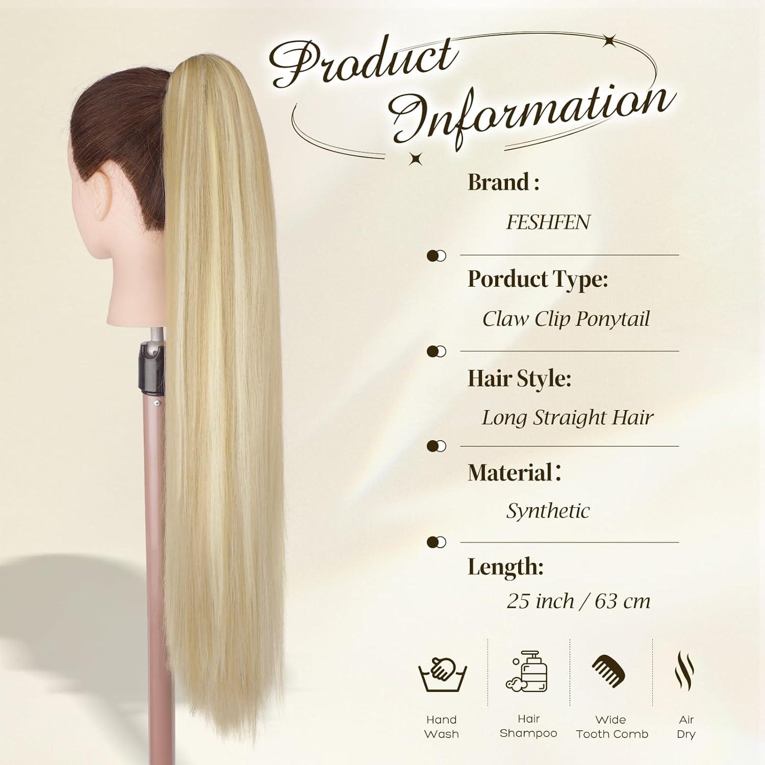 imageFESHFEN Claw Ponytail Extensions Long Straight Ponytails for Women Hairpieces Synthetic Hair Pony Tails Extension Clip in Hairpiece 25 inch Dirty BlondeDirty Blonde