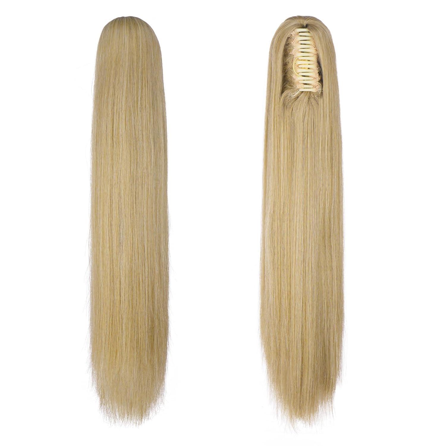 imageFESHFEN Claw Ponytail Extensions Long Straight Ponytails for Women Hairpieces Synthetic Hair Pony Tails Extension Clip in Hairpiece 25 inch Dirty BlondeMixed Blonde