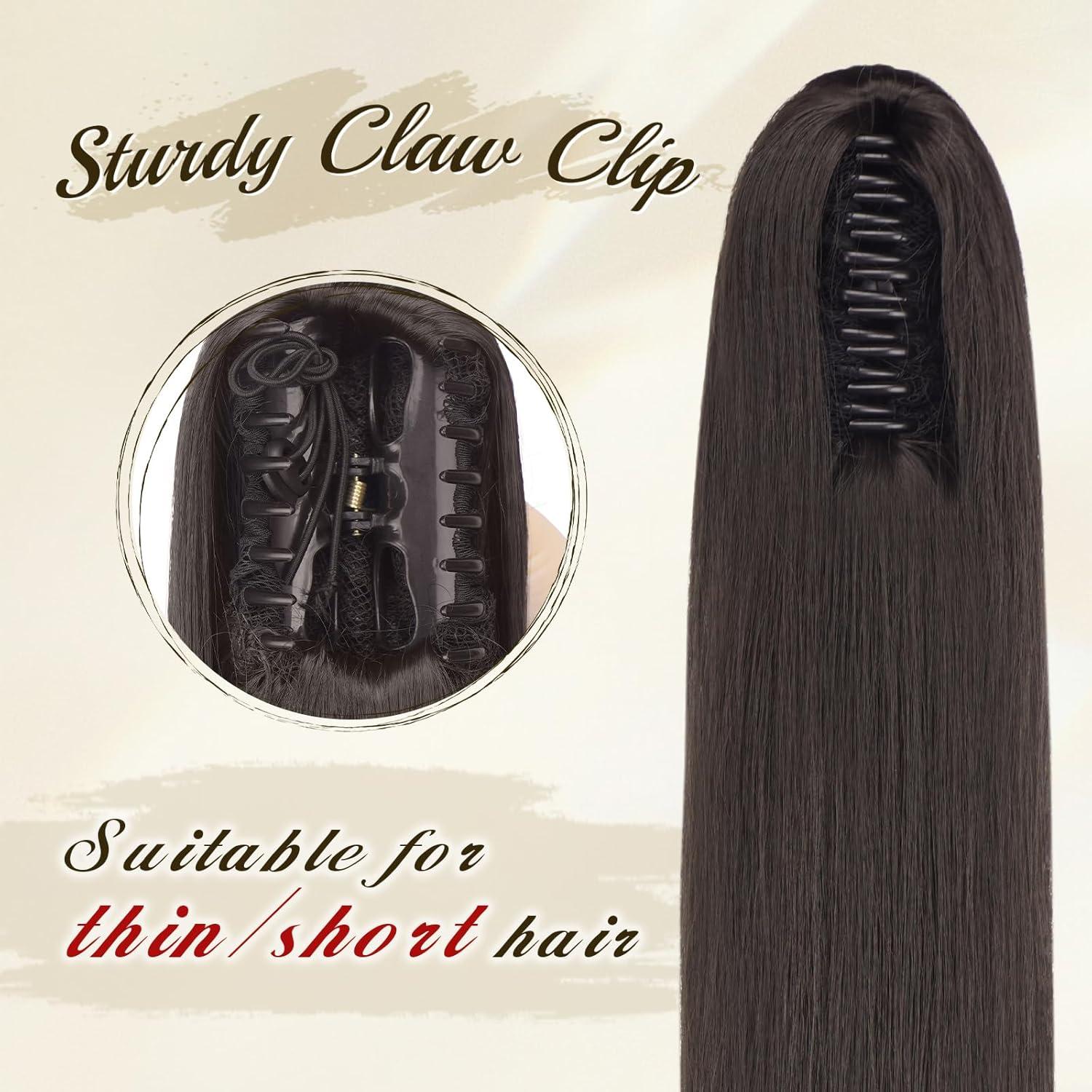 imageFESHFEN Claw Ponytail Extensions Long Straight Ponytails for Women Hairpieces Synthetic Hair Pony Tails Extension Clip in Hairpiece 25 inch Dirty BlondeDark Brown