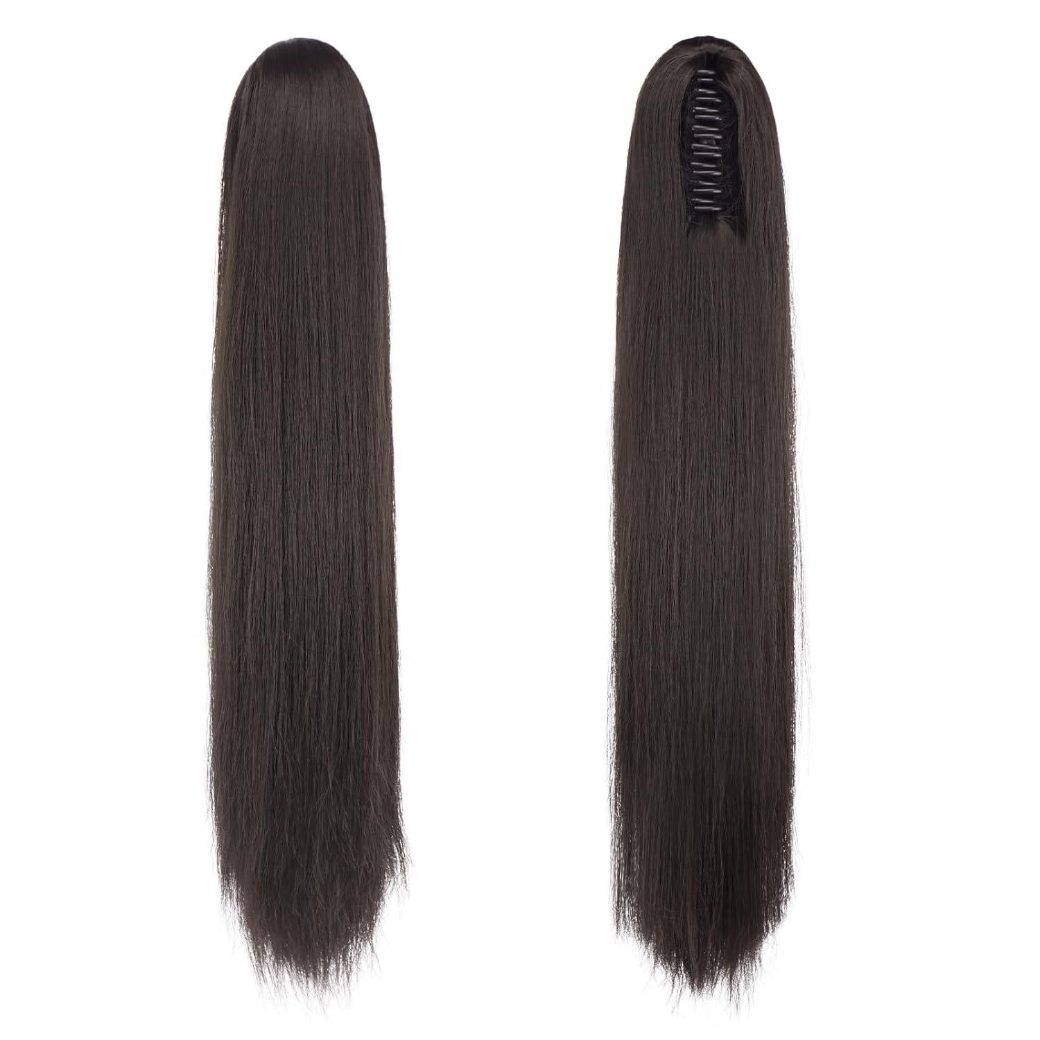 imageFESHFEN Claw Ponytail Extensions Long Straight Ponytails for Women Hairpieces Synthetic Hair Pony Tails Extension Clip in Hairpiece 25 inch Dirty BlondeDark Brown