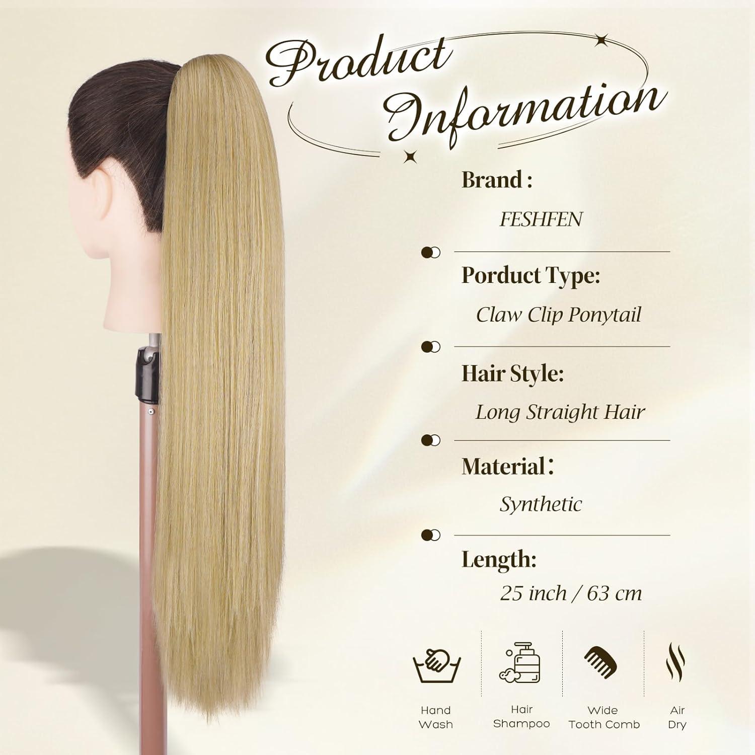 imageFESHFEN Claw Ponytail Extensions Long Straight Ponytails for Women Hairpieces Synthetic Hair Pony Tails Extension Clip in Hairpiece 25 inch Dirty BlondeMixed Blonde