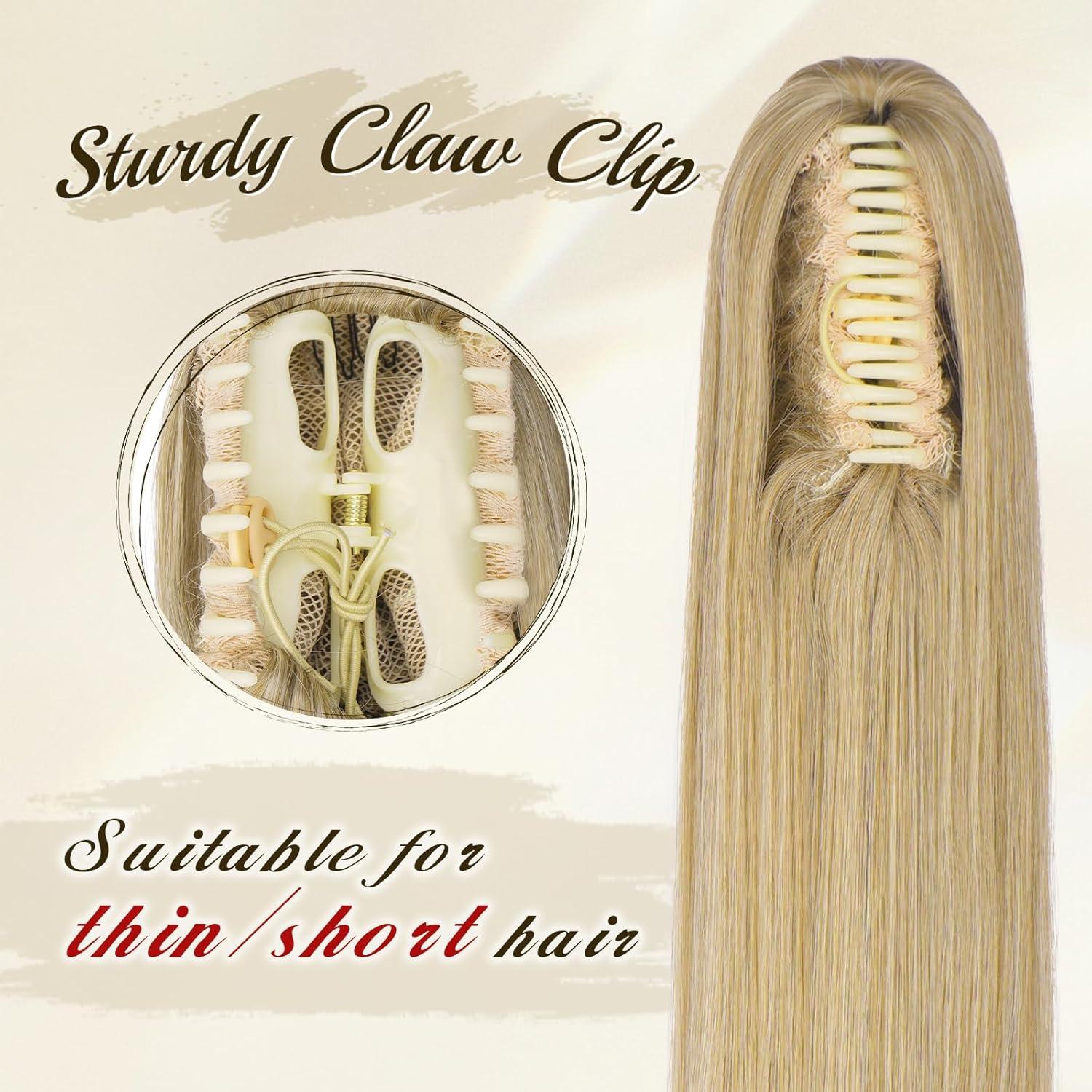 imageFESHFEN Claw Ponytail Extensions Long Straight Ponytails for Women Hairpieces Synthetic Hair Pony Tails Extension Clip in Hairpiece 25 inch Dirty BlondeMixed Blonde