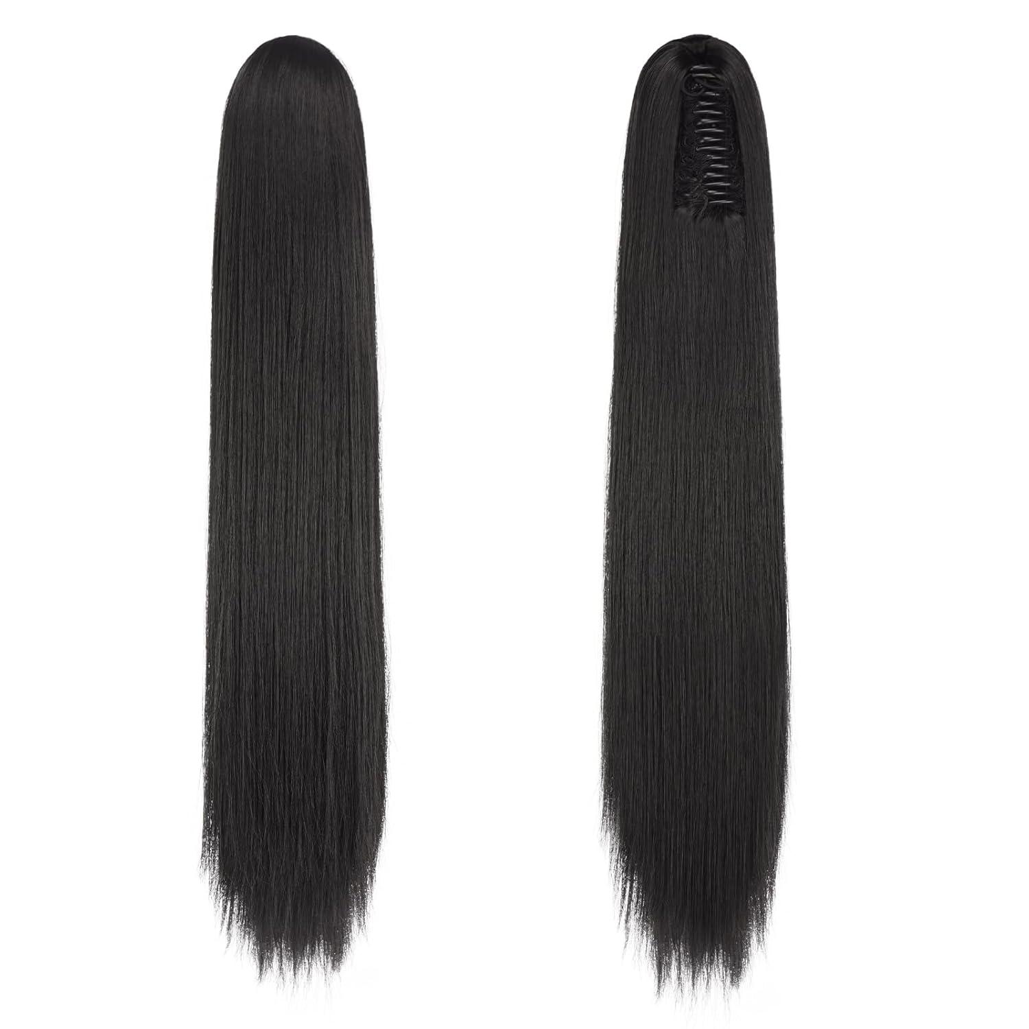 imageFESHFEN Claw Ponytail Extensions Long Straight Ponytails for Women Hairpieces Synthetic Hair Pony Tails Extension Clip in Hairpiece 25 inch Dirty BlondeNatural Black