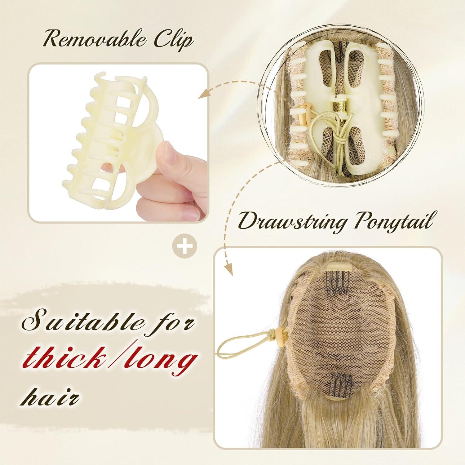 imageFESHFEN Claw Ponytail Extensions Long Straight Ponytails for Women Hairpieces Synthetic Hair Pony Tails Extension Clip in Hairpiece 25 inch Dirty BlondeMixed Blonde