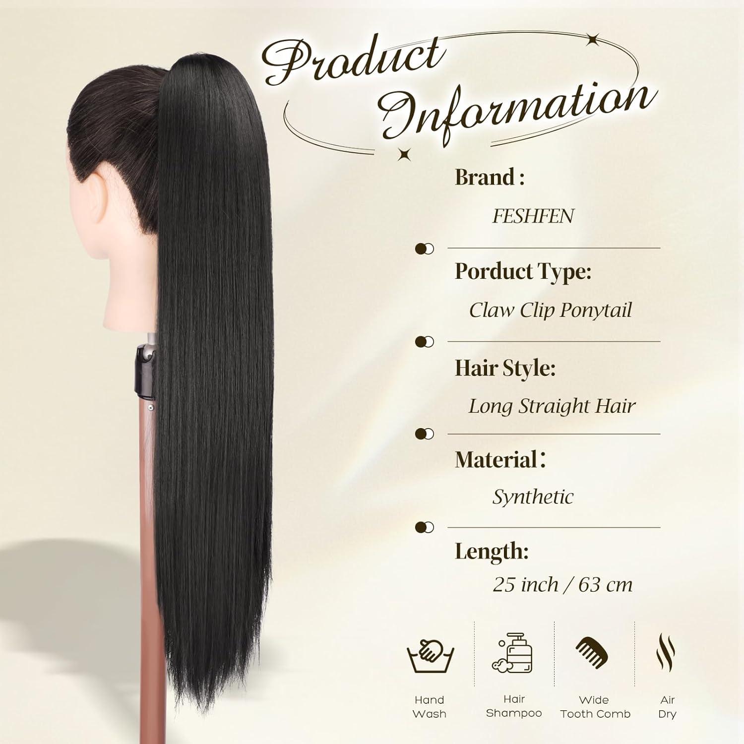 imageFESHFEN Claw Ponytail Extensions Long Straight Ponytails for Women Hairpieces Synthetic Hair Pony Tails Extension Clip in Hairpiece 25 inch Dirty BlondeNatural Black