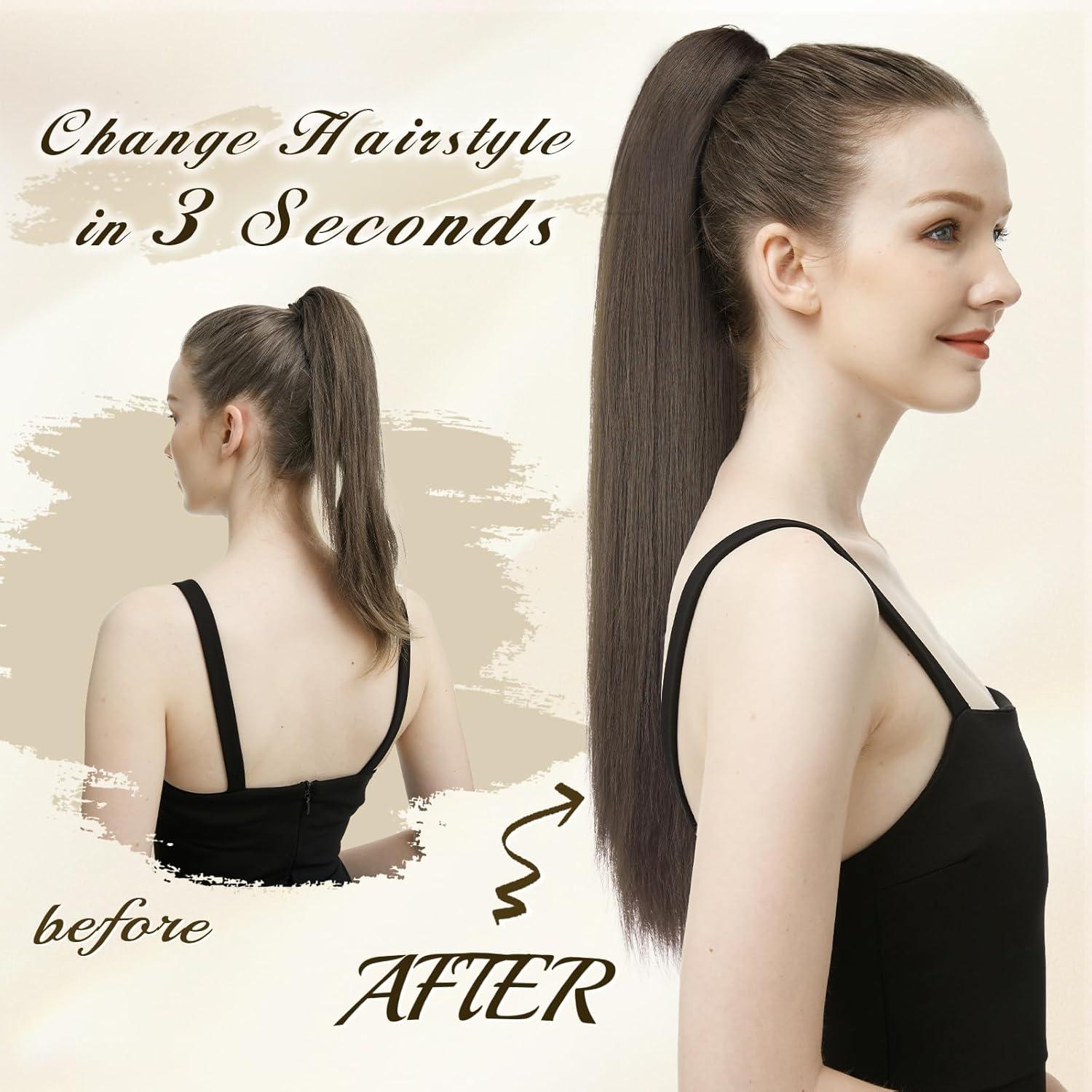 imageFESHFEN Claw Ponytail Extensions Long Straight Ponytails for Women Hairpieces Synthetic Hair Pony Tails Extension Clip in Hairpiece 25 inch Dirty BlondeNatural Black
