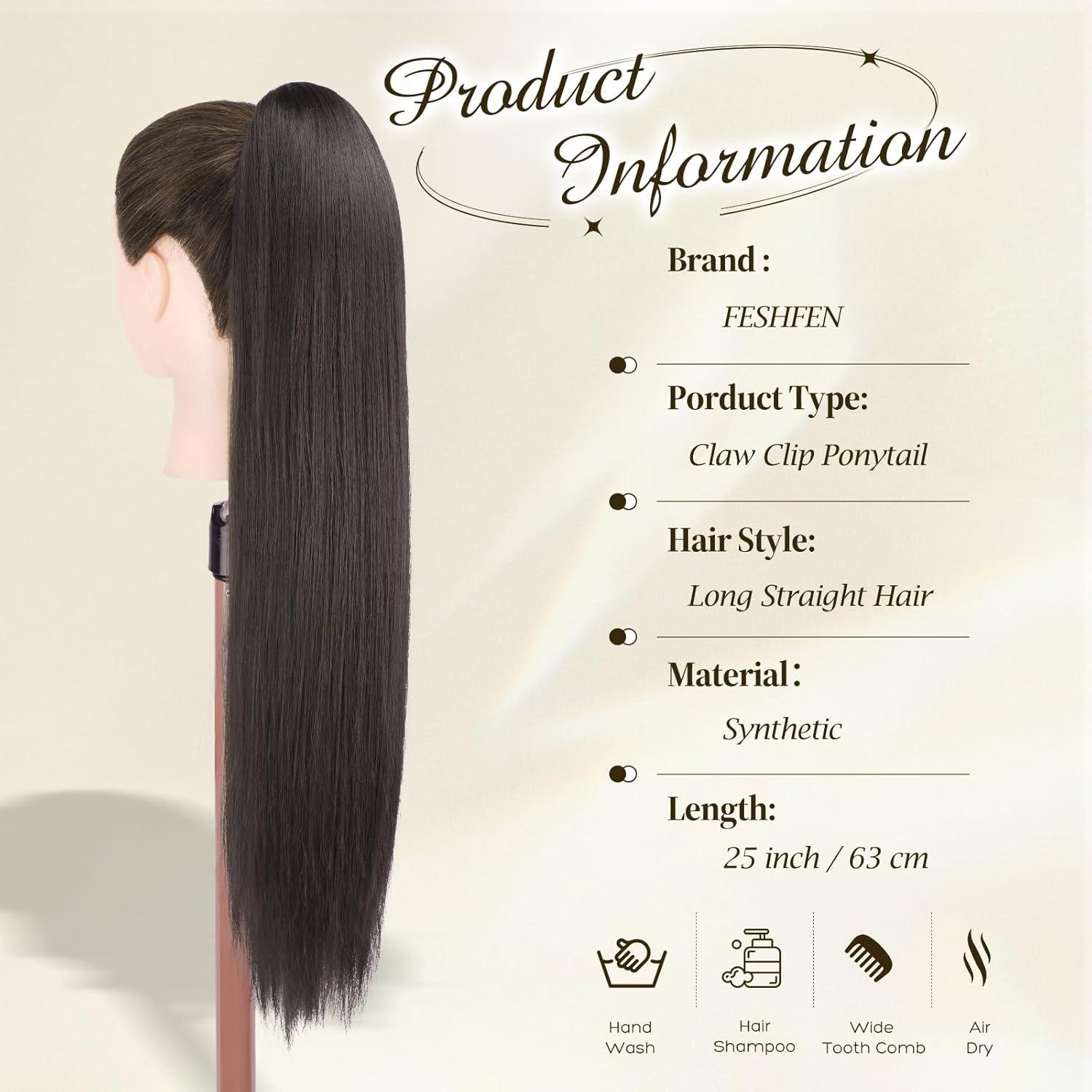 imageFESHFEN Claw Ponytail Extensions Long Straight Ponytails for Women Hairpieces Synthetic Hair Pony Tails Extension Clip in Hairpiece 25 inch Dirty BlondeDark Brown