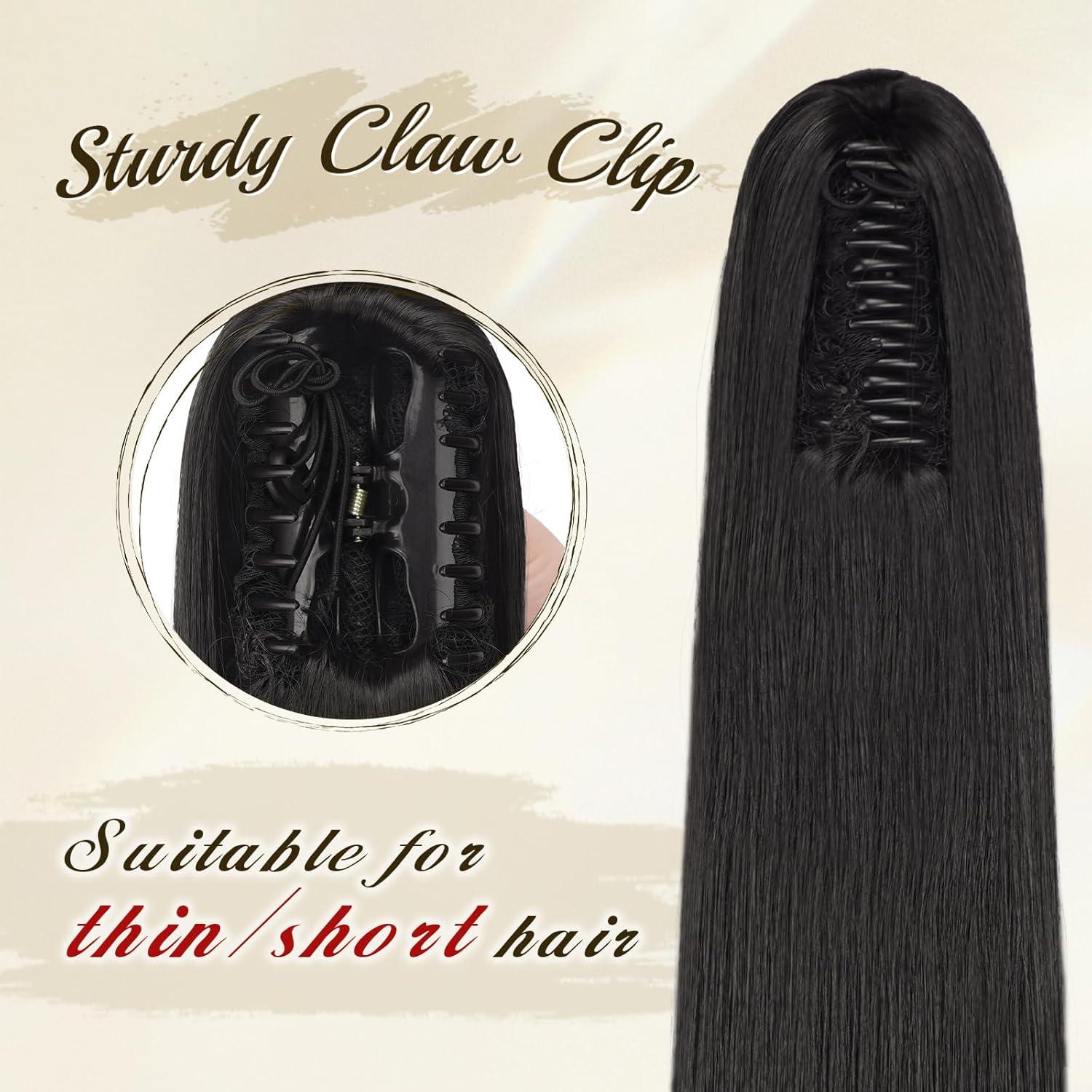 imageFESHFEN Claw Ponytail Extensions Long Straight Ponytails for Women Hairpieces Synthetic Hair Pony Tails Extension Clip in Hairpiece 25 inch Dirty BlondeNatural Black