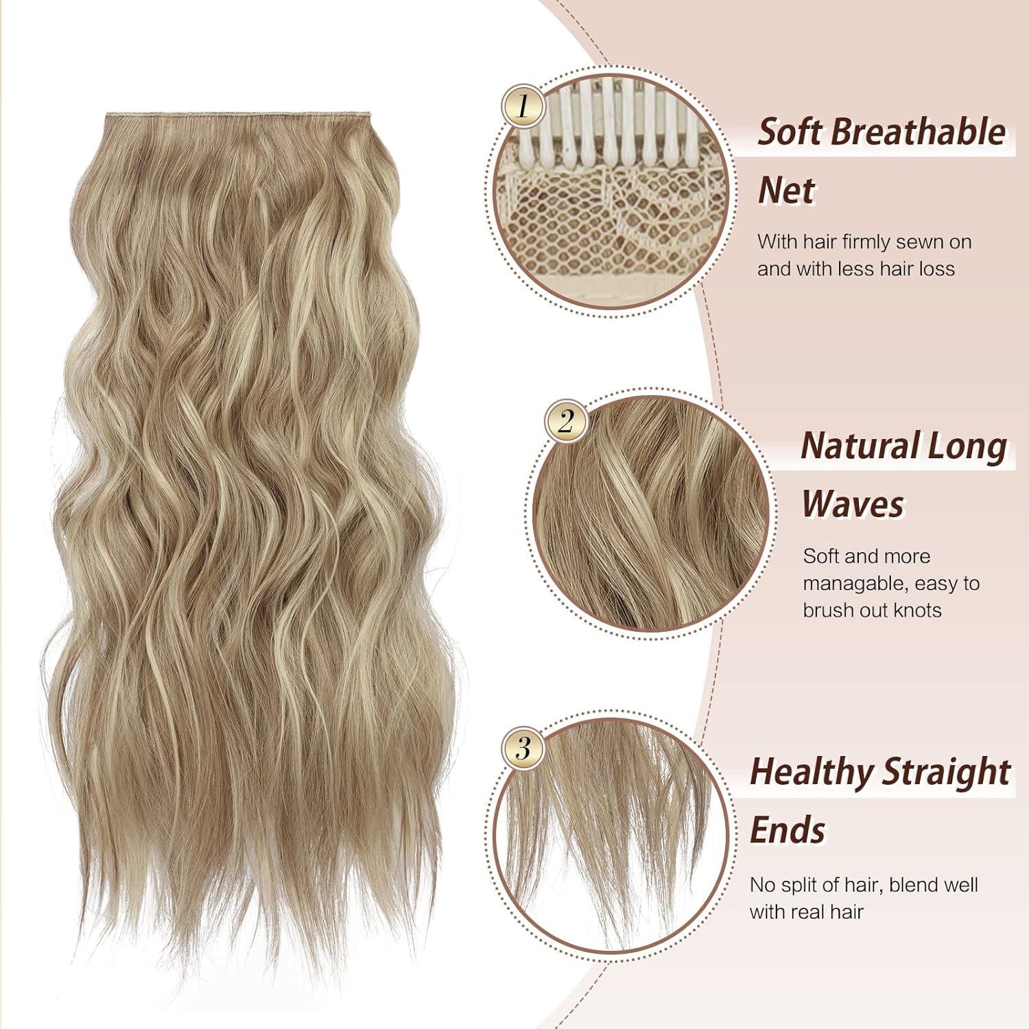 imageFESHFEN Clip in Hair Extensions 4 PCS Long Wavy Thick Clip in Hairpieces Full Head Natural Soft Synthetic Hair Extension for Women Black 20 Inch12H15 Caramel Brown Mixed Beige Blonde