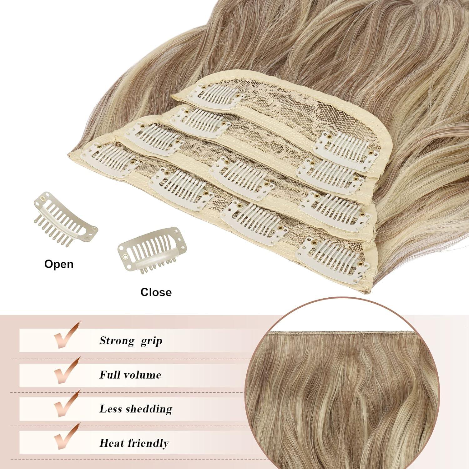 imageFESHFEN Clip in Hair Extensions 4 PCS Long Wavy Thick Clip in Hairpieces Full Head Natural Soft Synthetic Hair Extension for Women Black 20 Inch12H15 Caramel Brown Mixed Beige Blonde