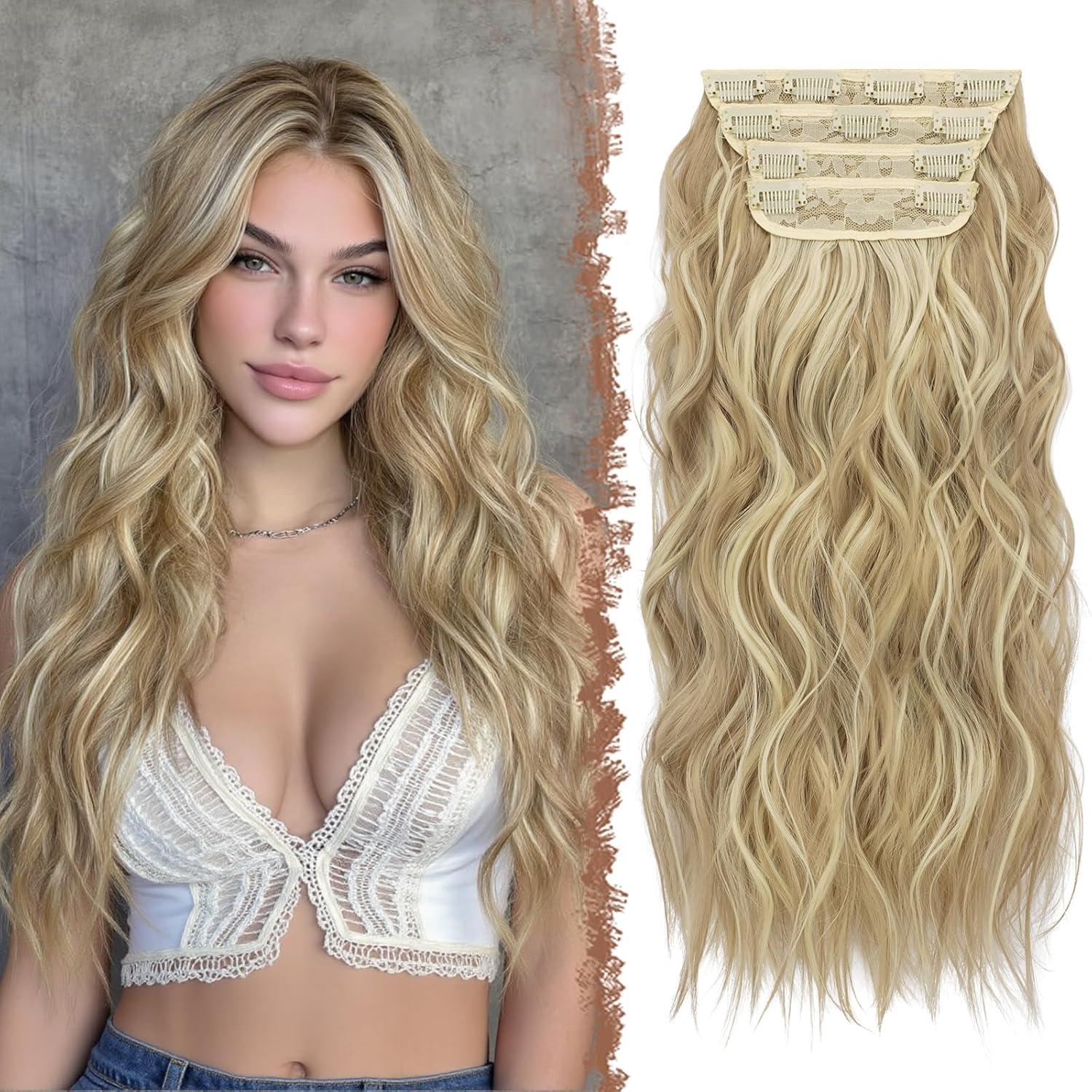 imageFESHFEN Clip in Hair Extensions 4 PCS Long Wavy Thick Clip in Hairpieces Full Head Natural Soft Synthetic Hair Extension for Women Black 20 Inch16H613 Dirty Blonde