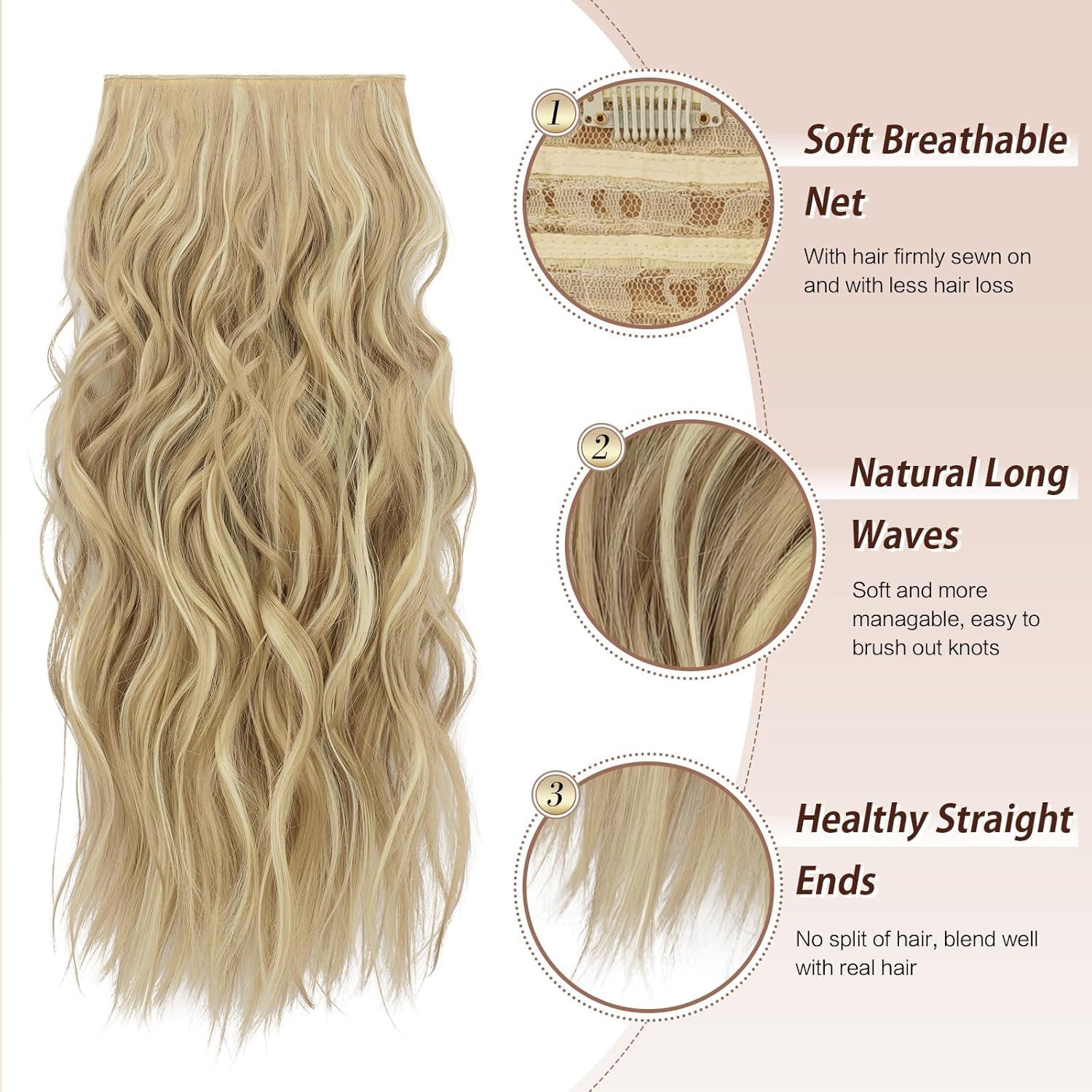 imageFESHFEN Clip in Hair Extensions 4 PCS Long Wavy Thick Clip in Hairpieces Full Head Natural Soft Synthetic Hair Extension for Women Black 20 Inch16H613 Dirty Blonde