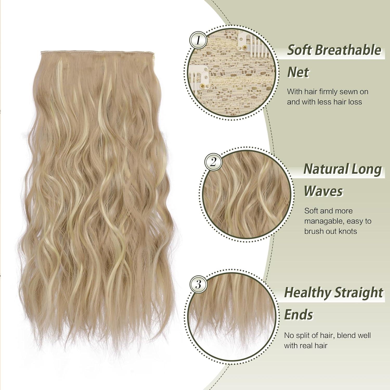 imageFESHFEN Clip in Hair Extensions 4 PCS Long Wavy Thick Clip in Hairpieces Full Head Natural Soft Synthetic Hair Extension for Women Black 20 Inch16H613 Dirty Blonde